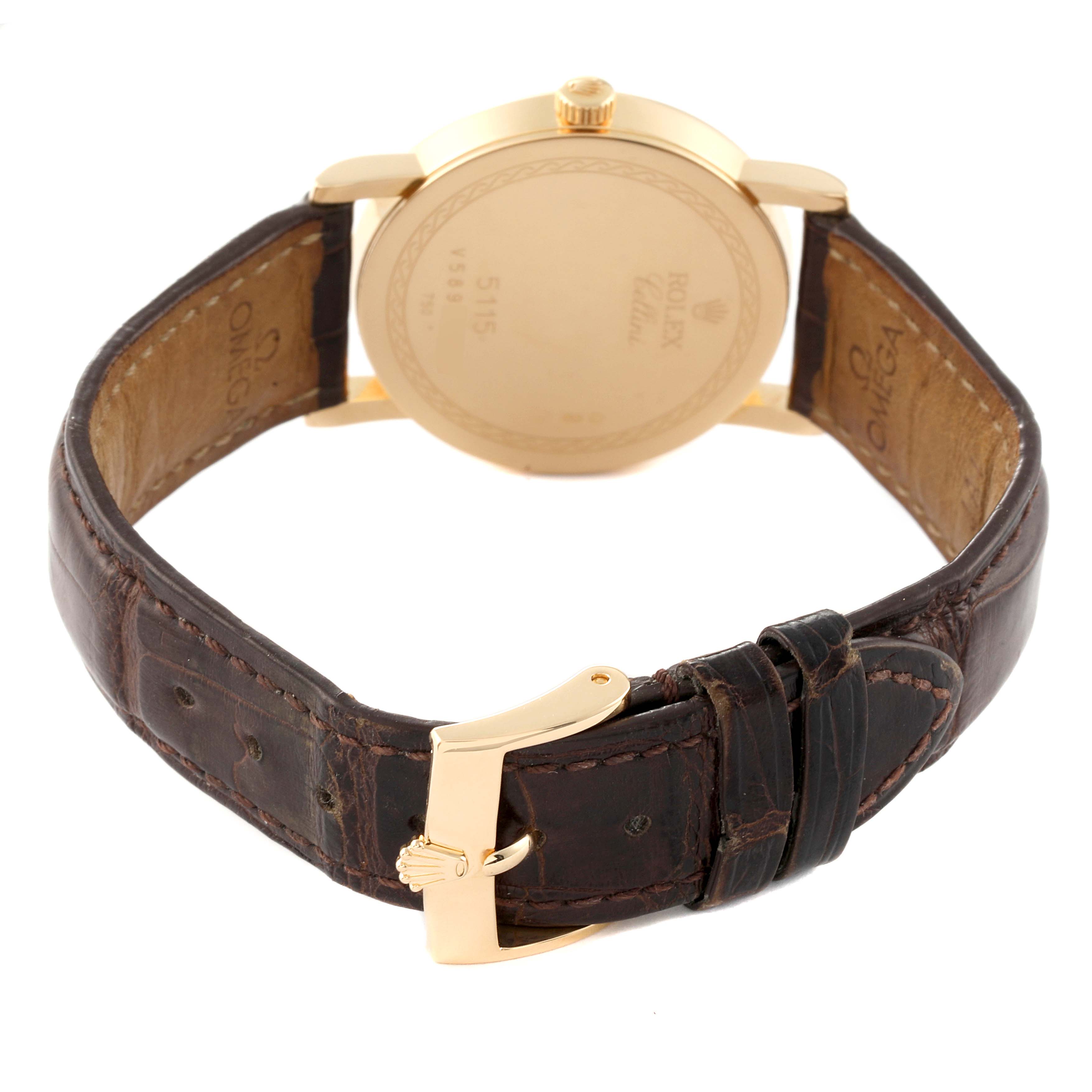 This image shows the back case and leather strap of a Rolex Cellini 5115 Men's Yellow Gold Mother of Pearl Dial 5115 Men's Yellow Gold Mother of Pearl Dial watch, viewed from the rear.