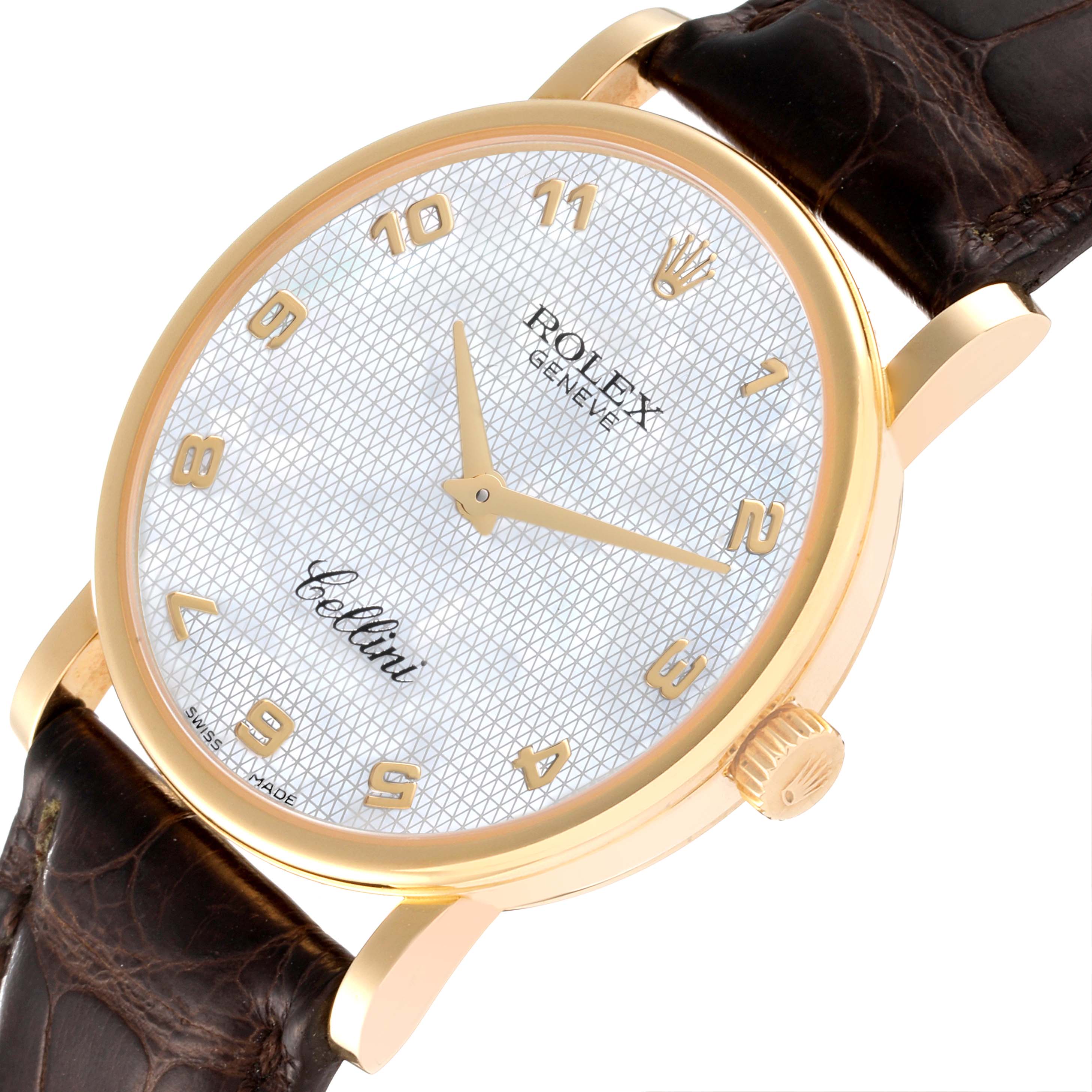 The Rolex Cellini 5115 Men's Yellow Gold Mother of Pearl Dial 5115 Men's Yellow Gold Mother of Pearl Dial watch is shown at an angled view, displaying its dial, hands, crown, case, and leather strap.