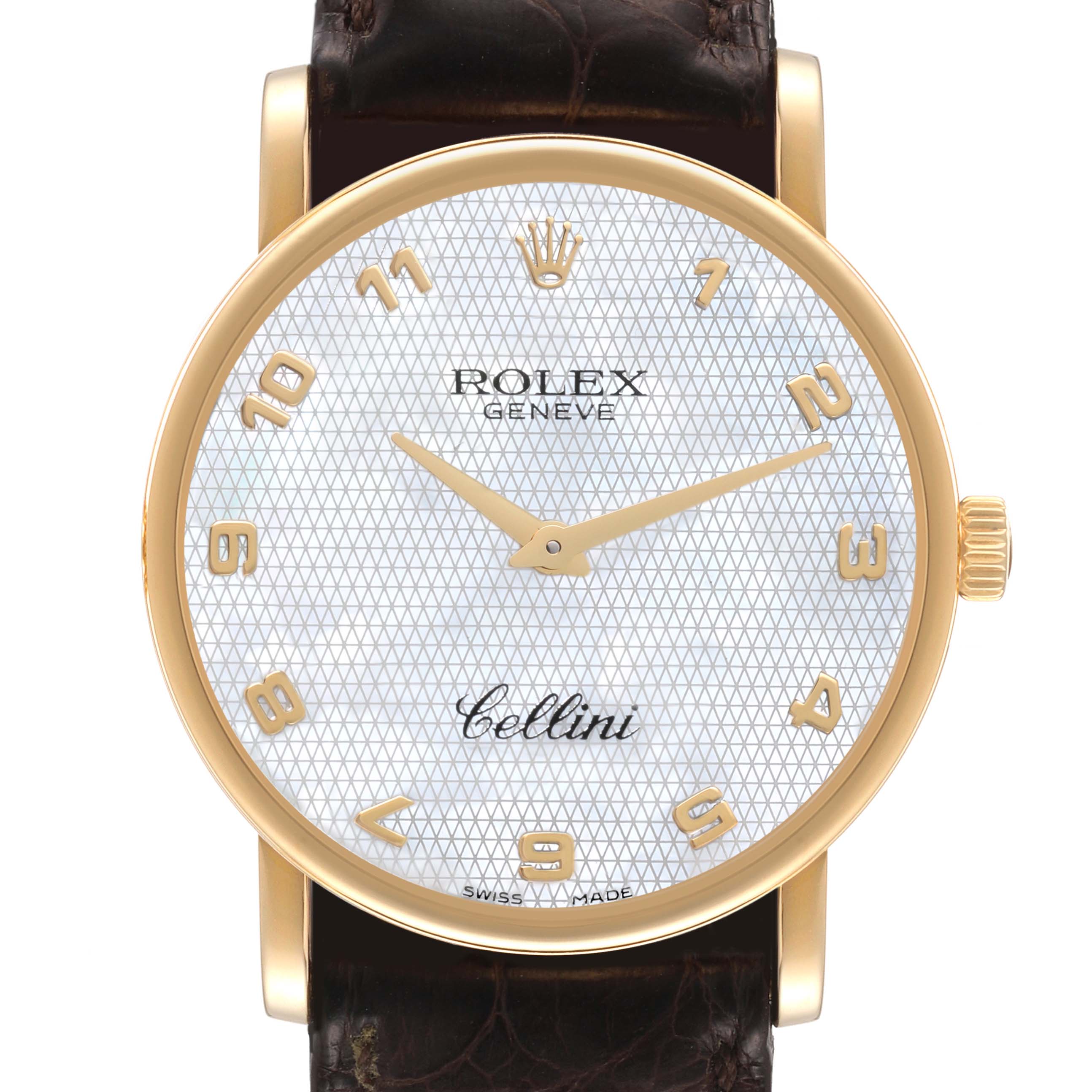 The image shows a front view of a Rolex Cellini 5115 Men's Yellow Gold Mother of Pearl Dial 5115 Men's Yellow Gold Mother of Pearl Dial watch, highlighting its dial, hands, and part of the leather strap.