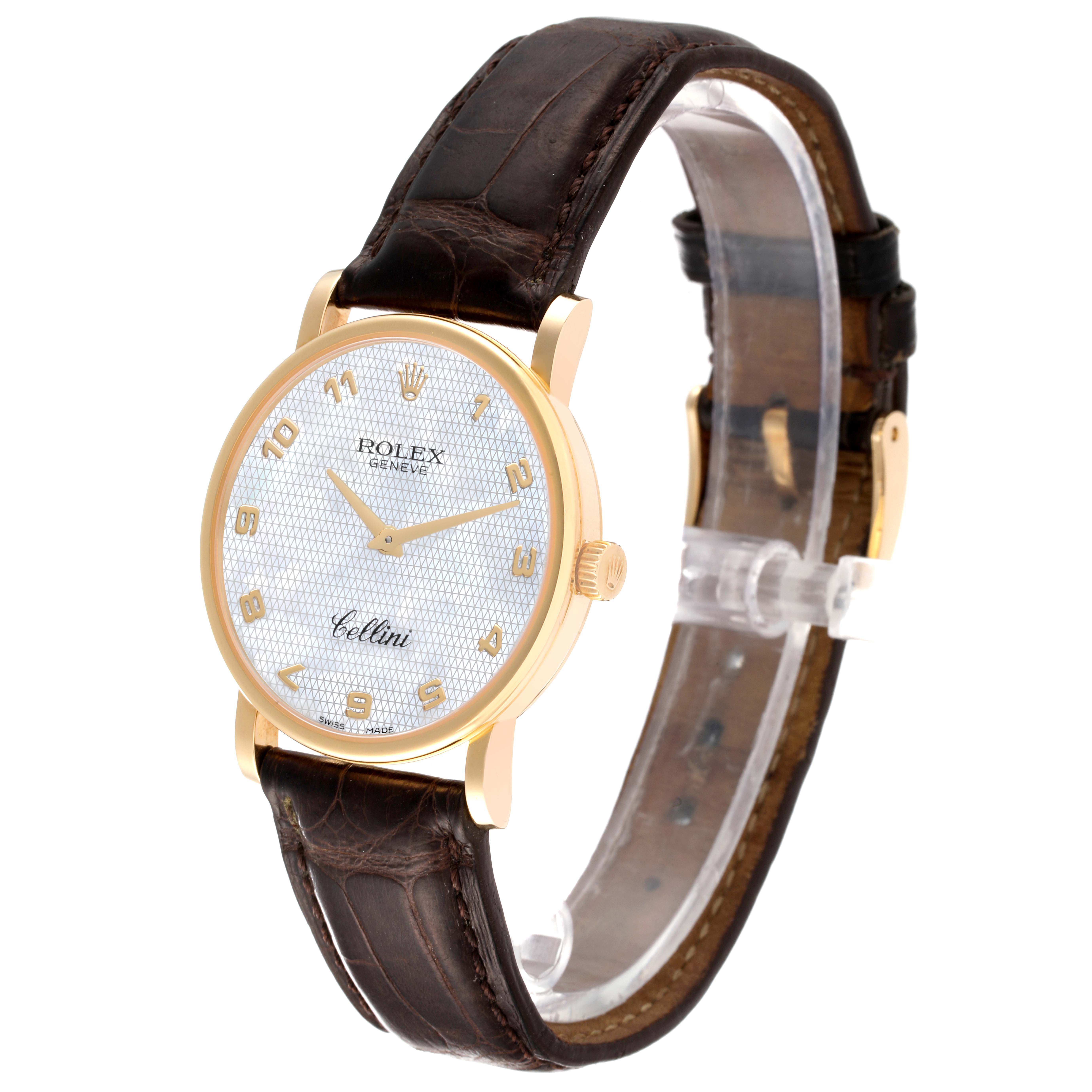 The Rolex Cellini 5115 Men's Yellow Gold Mother of Pearl Dial 5115 Men's Yellow Gold Mother of Pearl Dial watch is shown from a front and slightly angled side view, displaying its face, bezel, and leather strap.