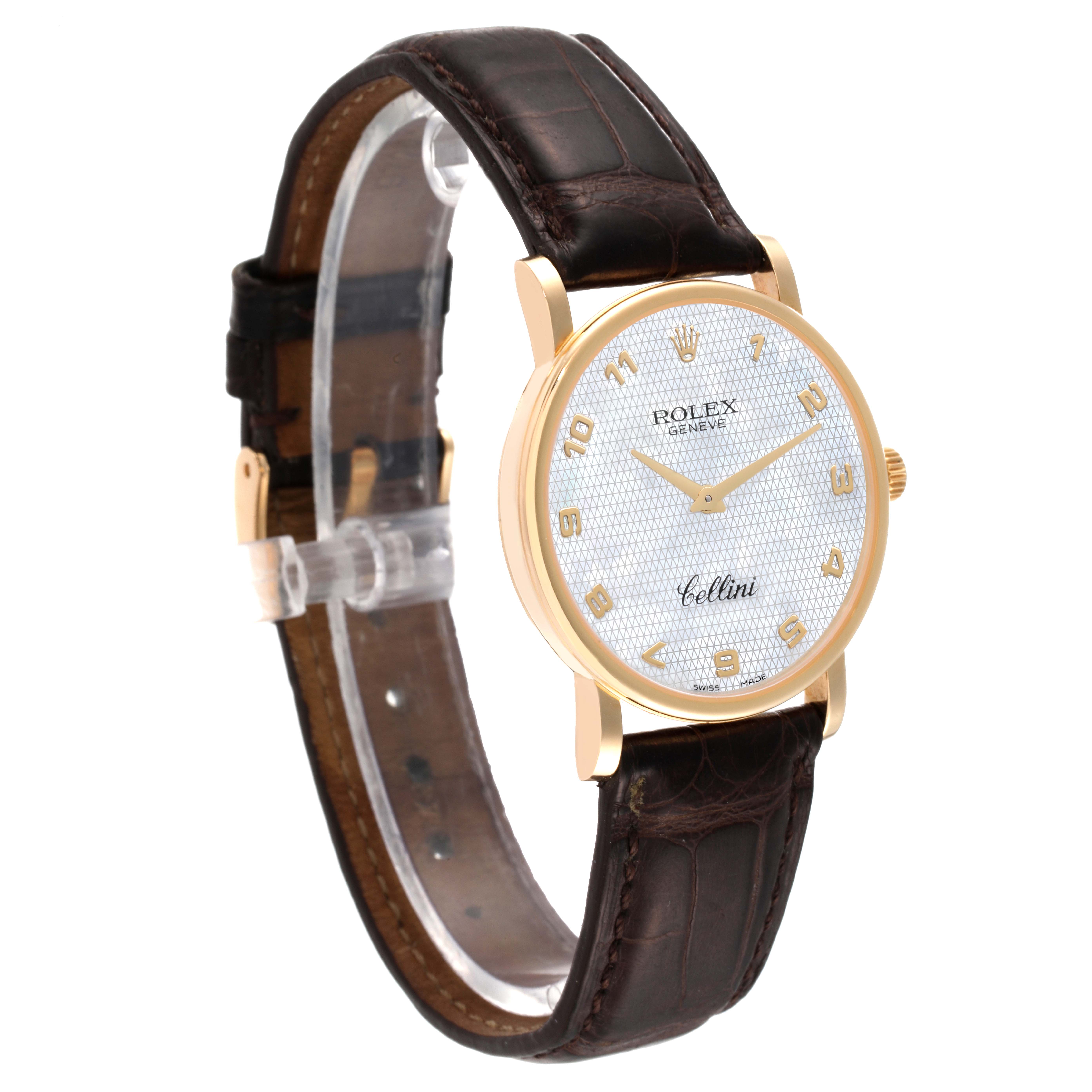 The Rolex Cellini 5115 Men's Yellow Gold Mother of Pearl Dial 5115 Men's Yellow Gold Mother of Pearl Dial watch is shown at a slight angle, displaying its face, gold case, and brown leather strap.