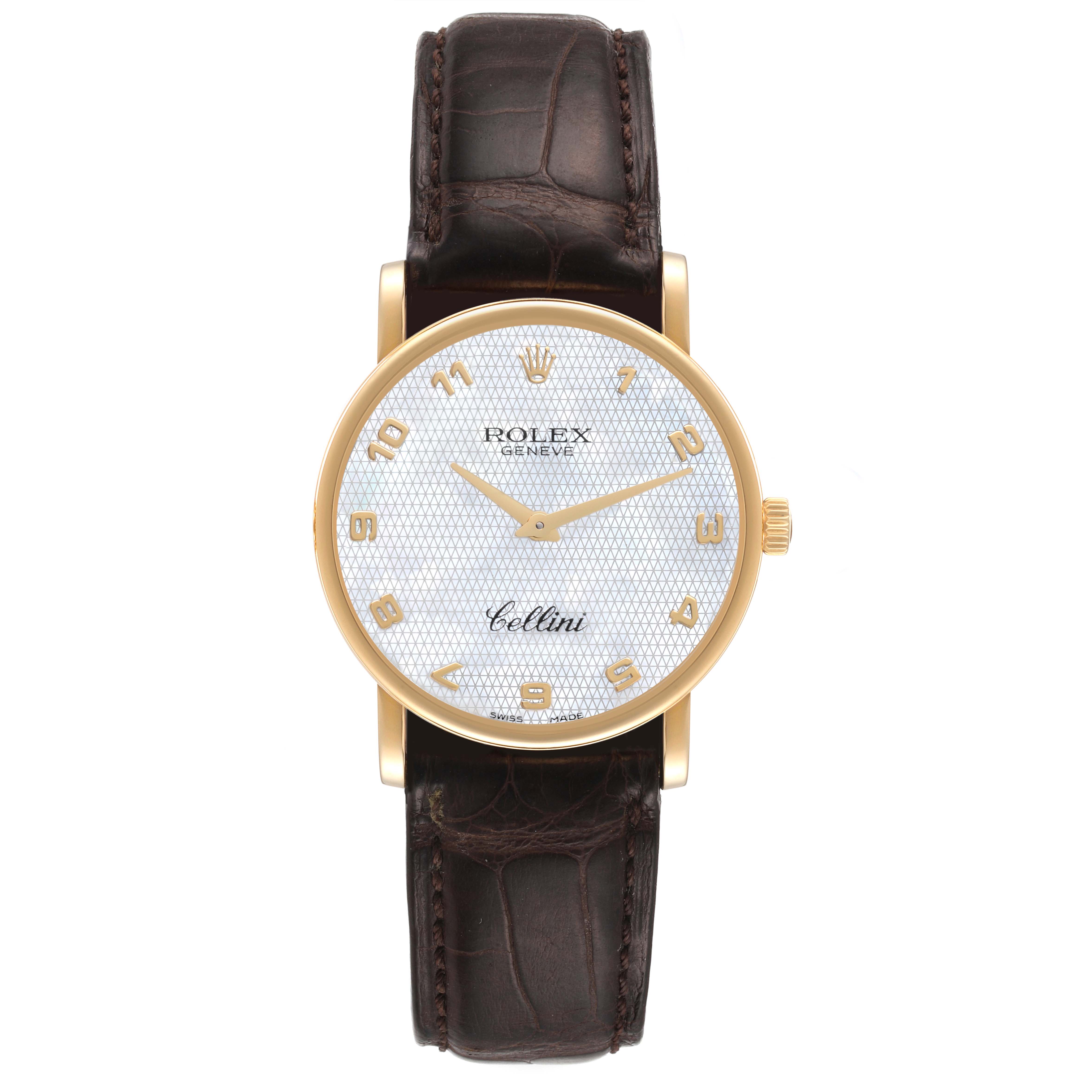 The image shows a front view of a Rolex Cellini 5115 Men's Yellow Gold Mother of Pearl Dial 5115 Men's Yellow Gold Mother of Pearl Dial watch, featuring a brown leather strap and a gold case.