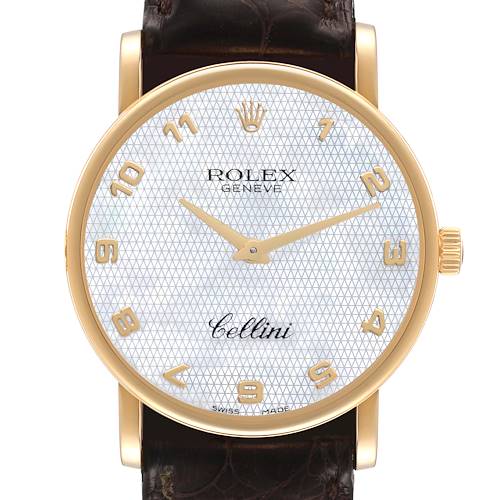 Photo of Rolex Cellini Classic Yellow Gold Mother of Pearl Brown Strap Mens Watch 5115