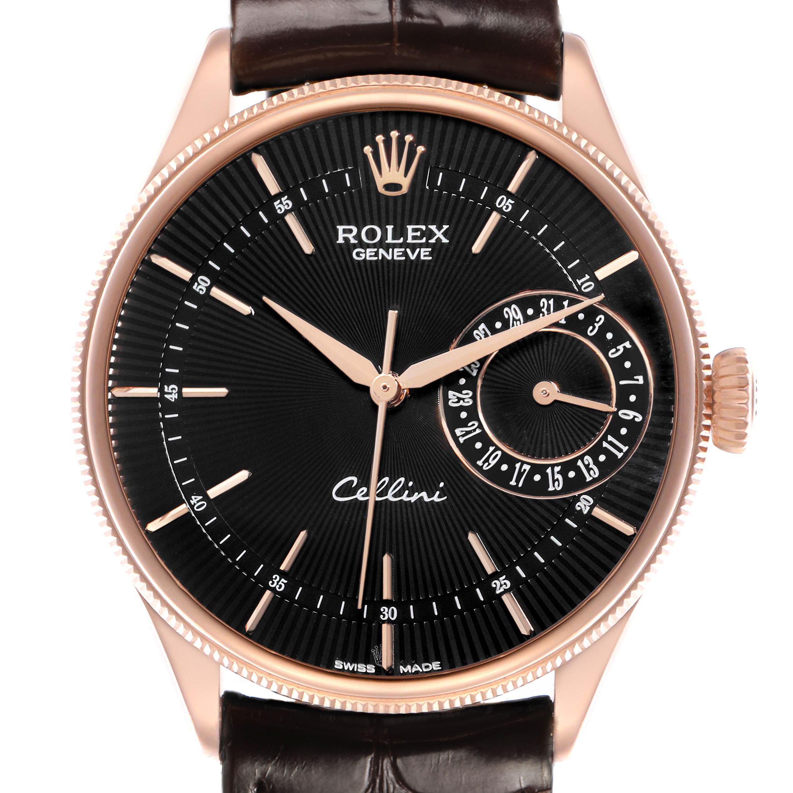The Rolex Cellini 50515 Men
s Rose Gold Black Dial watch is shown from the front, highlighting its dial, hands, crown, and leather strap.