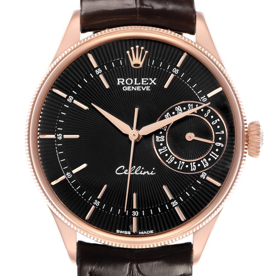 The Rolex Cellini 50515 Men
s Rose Gold Black Dial watch is shown from the front, highlighting its dial, hands, crown, and leather strap.