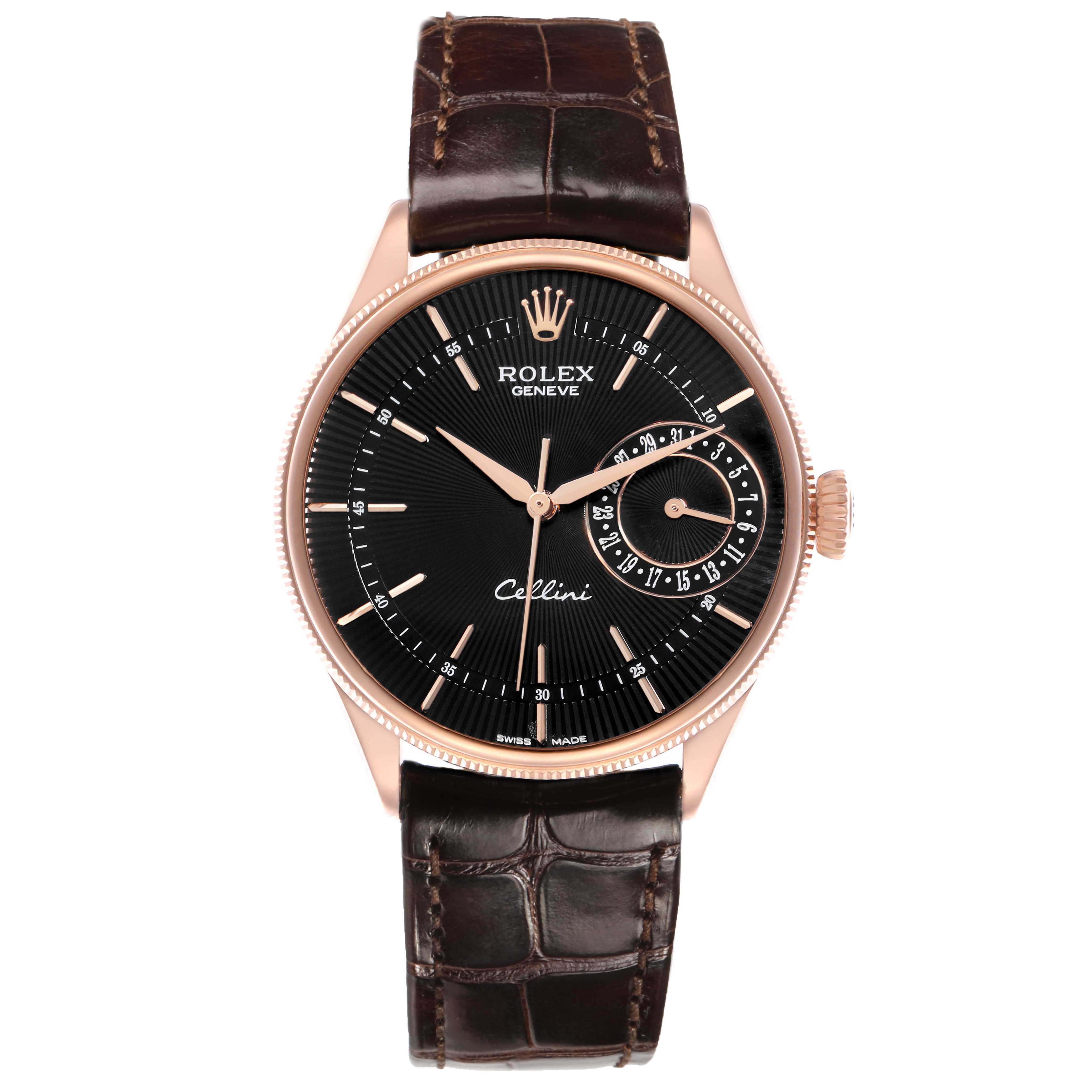 The Rolex Cellini 50515 Men
s Rose Gold Black Dial watch is shown from a front angle, highlighting its black dial, brown leather strap, and rose gold bezel.