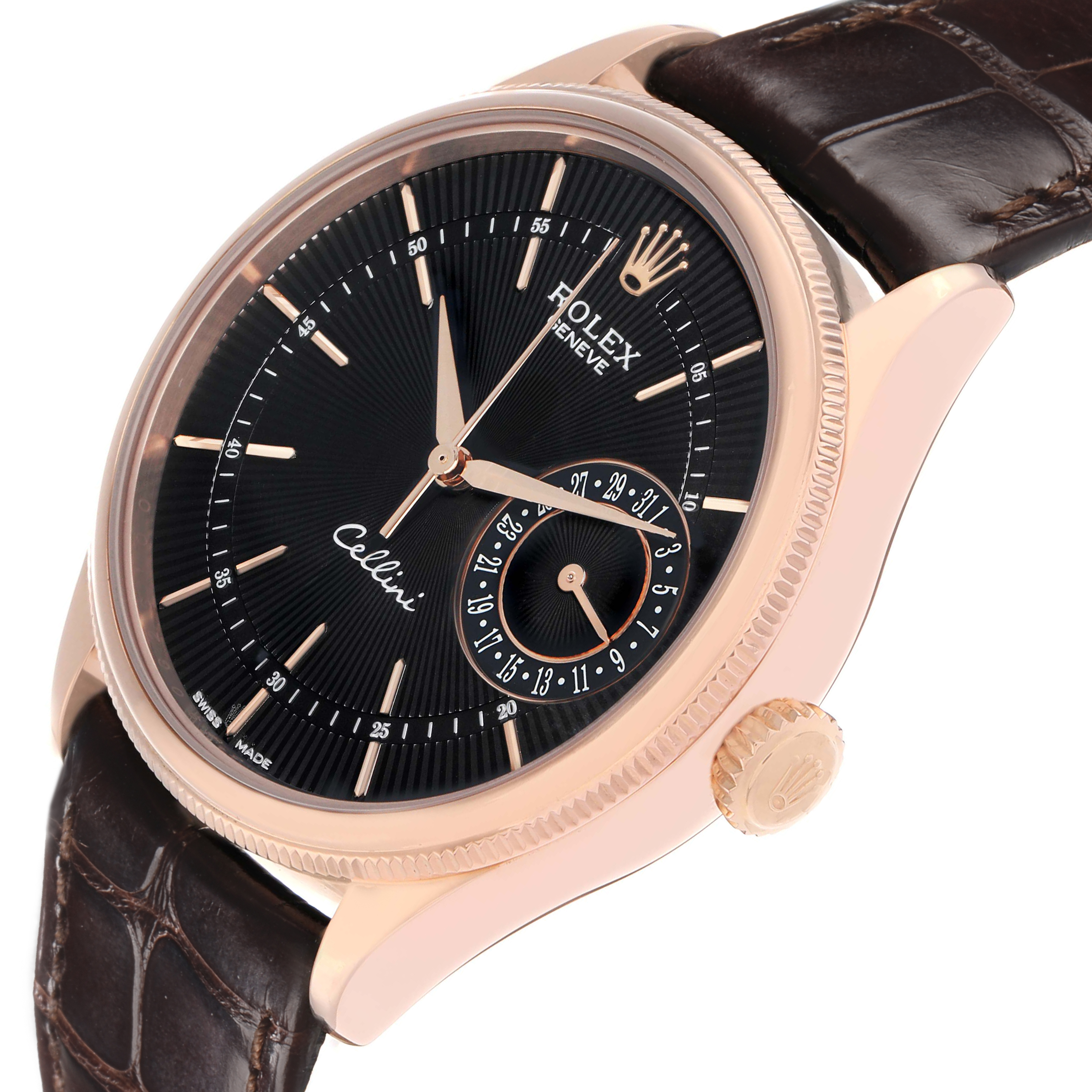 The Rolex Cellini 50515 Men
s Rose Gold Black Dial watch is shown at an angled close-up, highlighting the dial, bezel, crown, and leather strap.