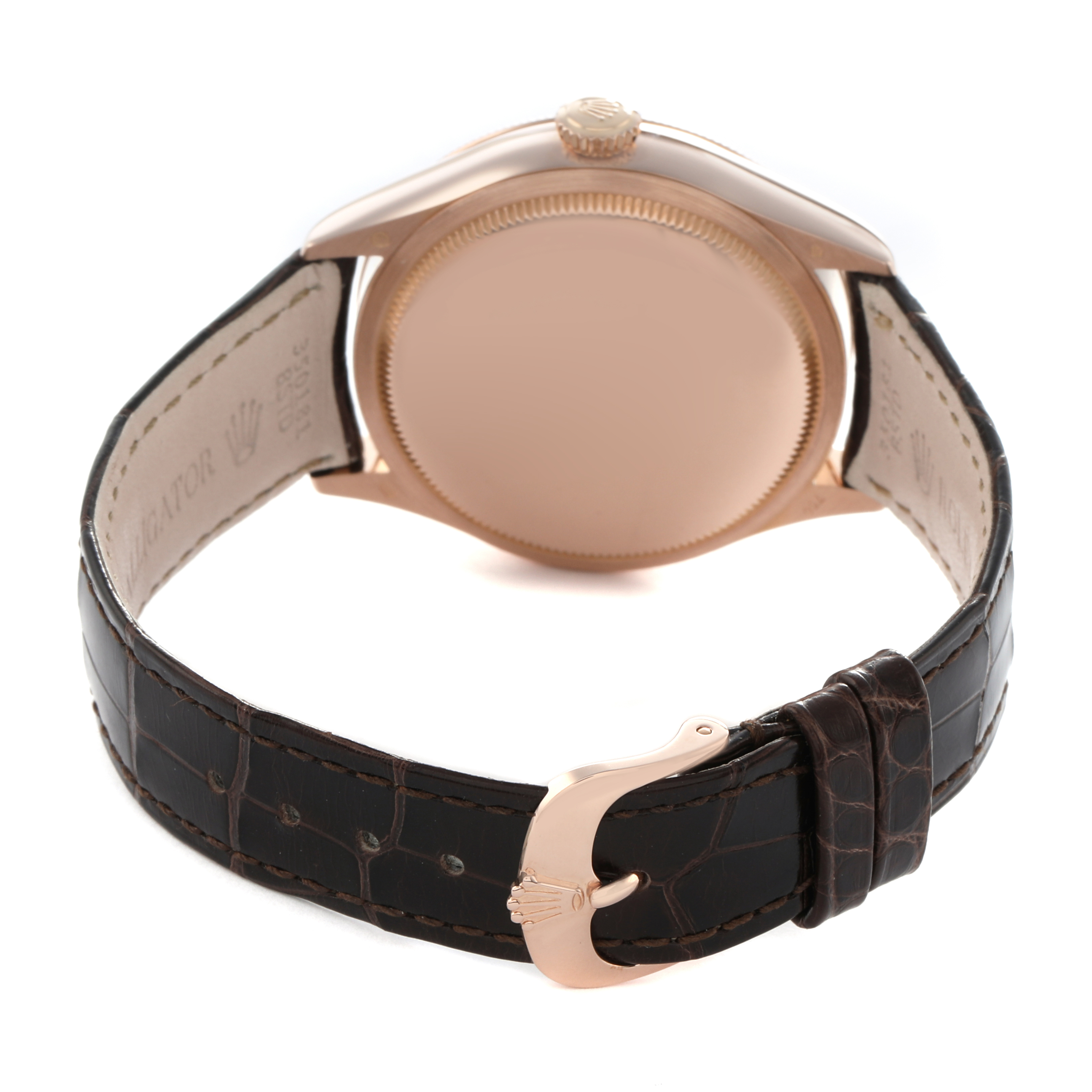 The image shows the back and side view of a Rolex Cellini 50515 Men
s Rose Gold Black Dial watch, featuring its case back, crown, and leather strap with a clasp.