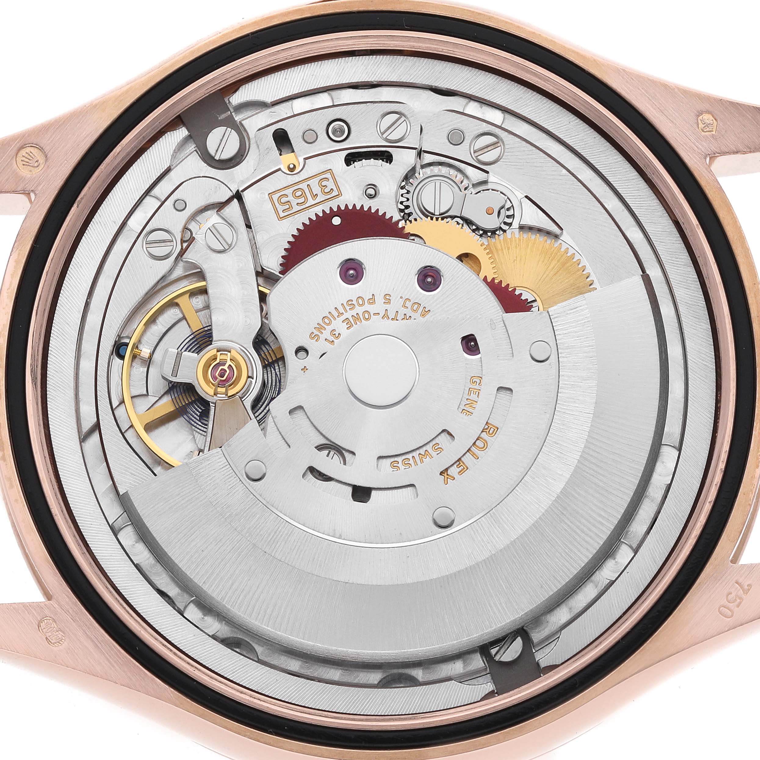 The image shows the open case back of a Rolex Cellini 50515 Men
s Rose Gold Black Dial watch, highlighting its intricate movement and gears from a top-down angle.