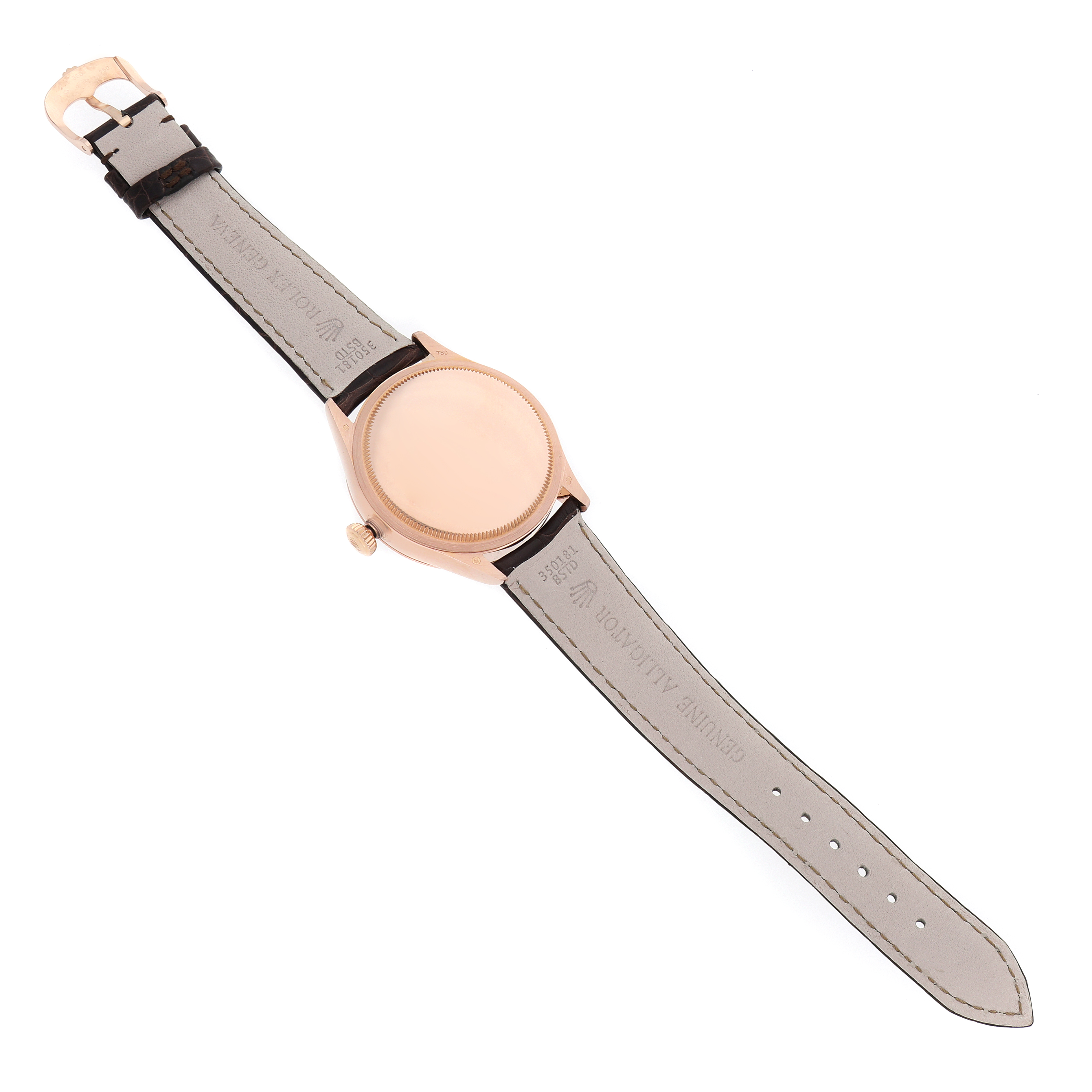 The image shows the back view of a Rolex Cellini 50515 Men
s Rose Gold Black Dial watch, displaying the leather strap, case back, and buckle.