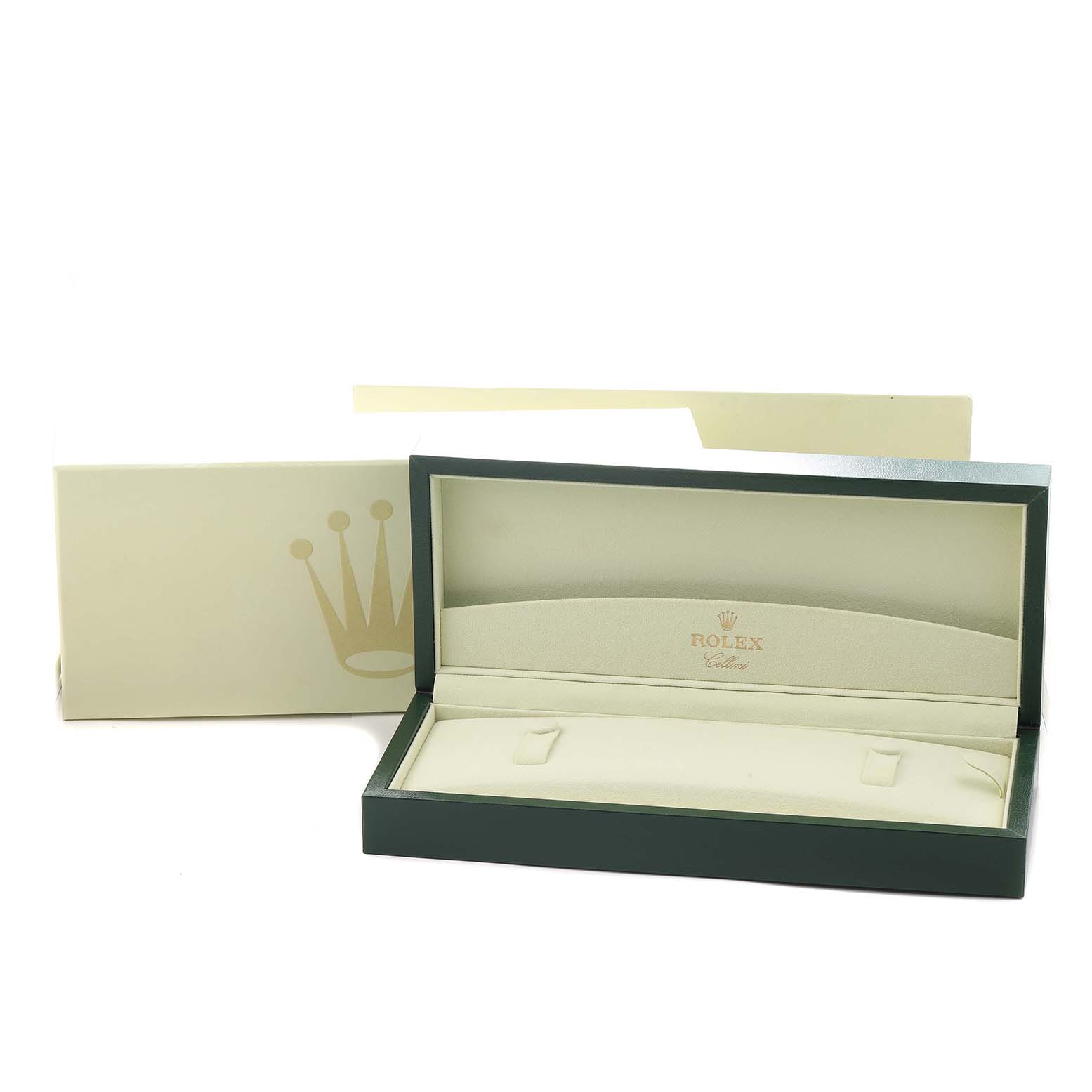 The image shows an open, angled Rolex Cellini 50515 Men
s Rose Gold Black Dial watch box with an outer sleeve.