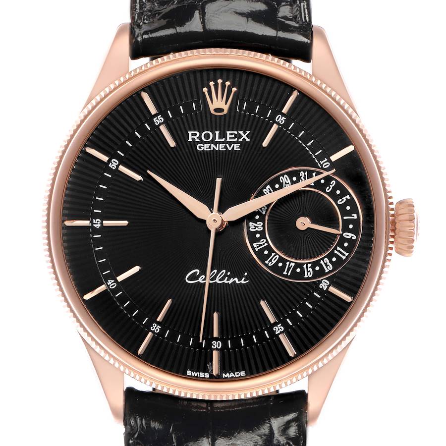 The Rolex Cellini 50515 Men's Rose Gold Black Dial watch is shown from the front, highlighting the dial, hands, crown, and leather strap.