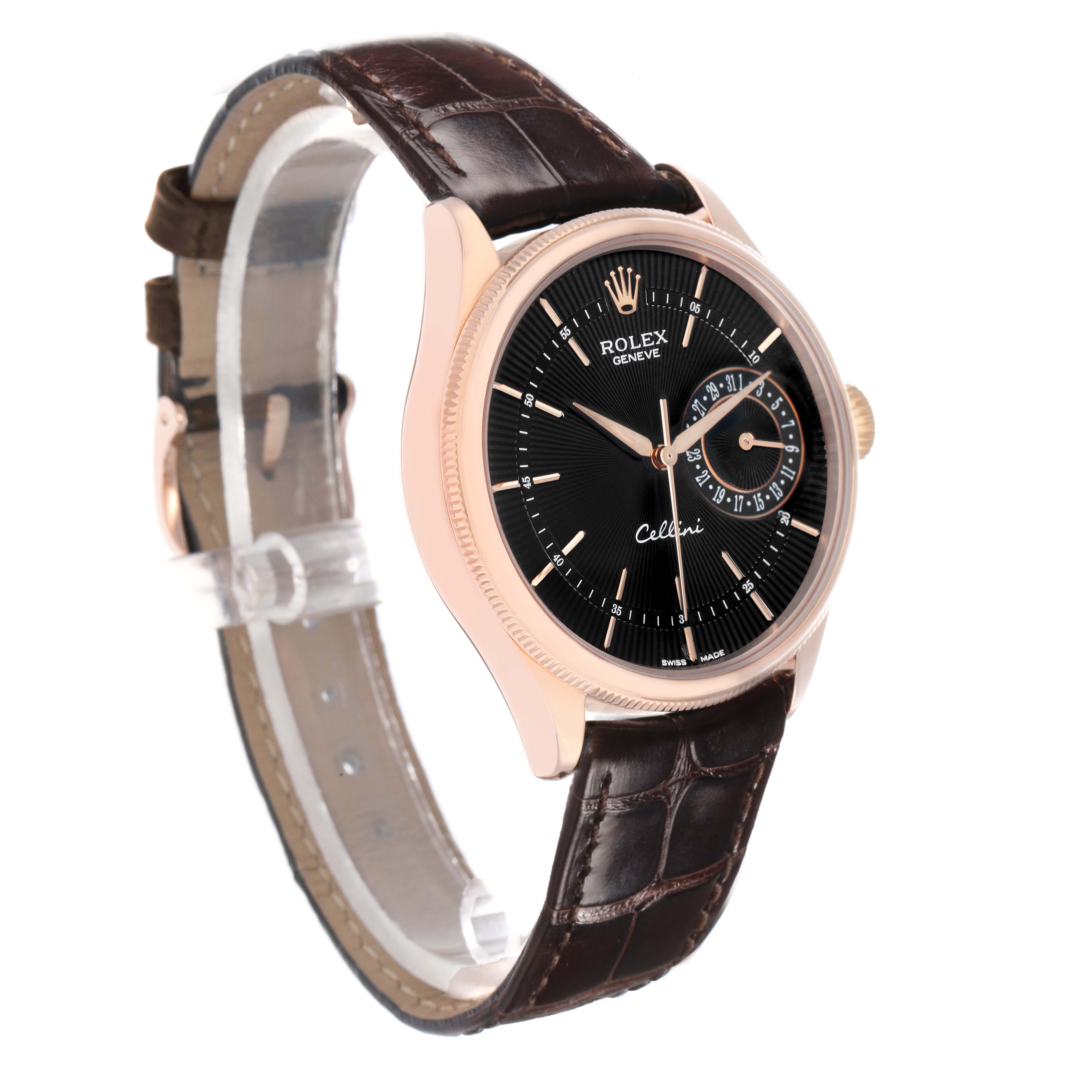 The Rolex Cellini 50515 Men
s Rose Gold Black Dial watch is shown at an angled side view, highlighting the dial, case, and leather strap.