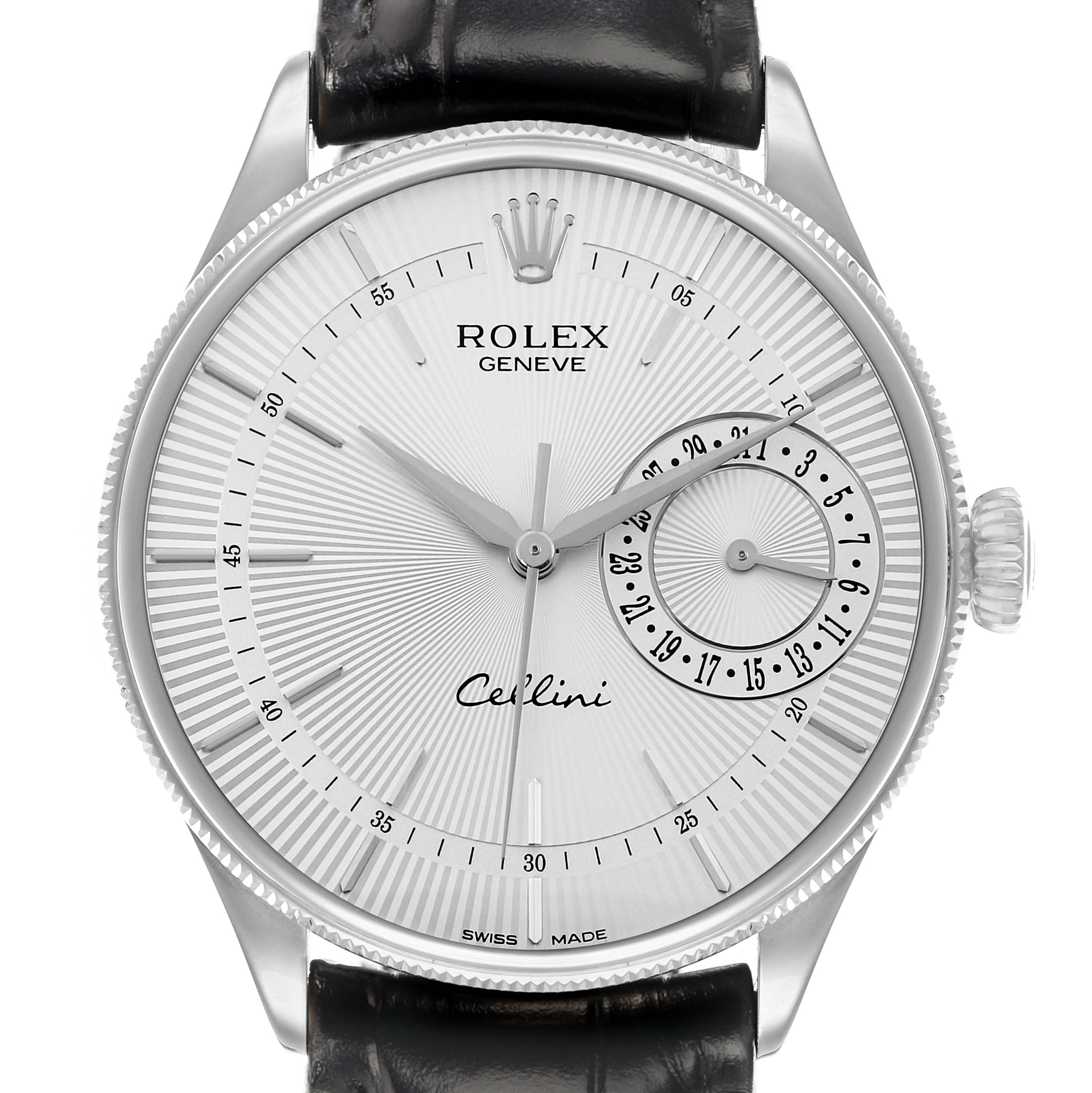 The Rolex Cellini 50519 Men
s White Gold Silver Dial watch is shown from a front angle, highlighting the face, crown, and black leather strap.