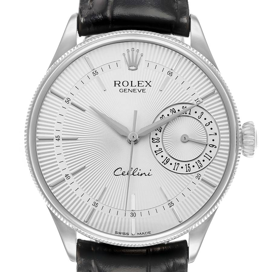 The Rolex Cellini 50519 Men's White Gold Silver Dial watch is shown from a front angle, highlighting the face, crown, and black leather strap.