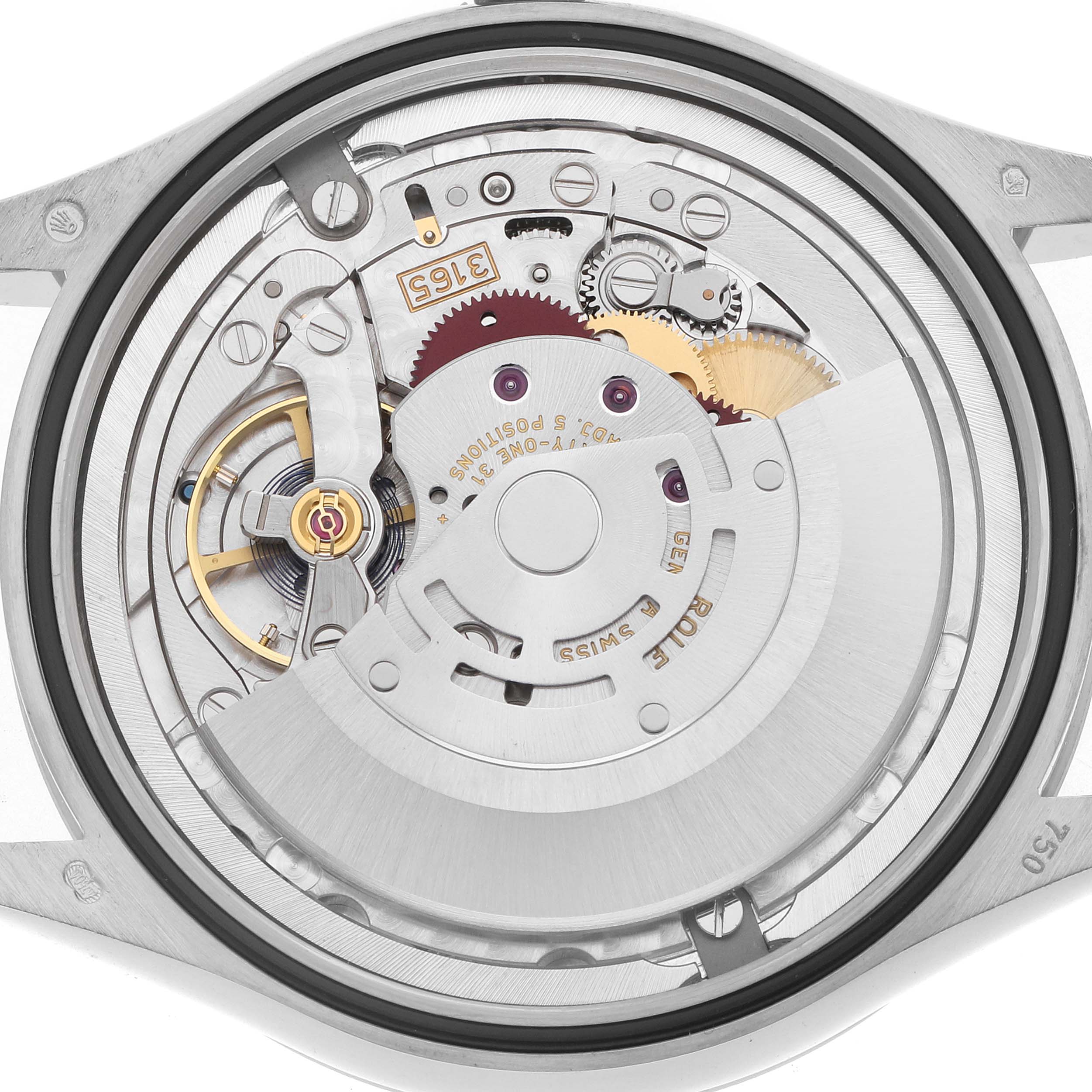 The image shows the movement of the Rolex Cellini 50519 Men
s White Gold Silver Dial watch from a top-down angle, revealing gears and the rotor assembly.