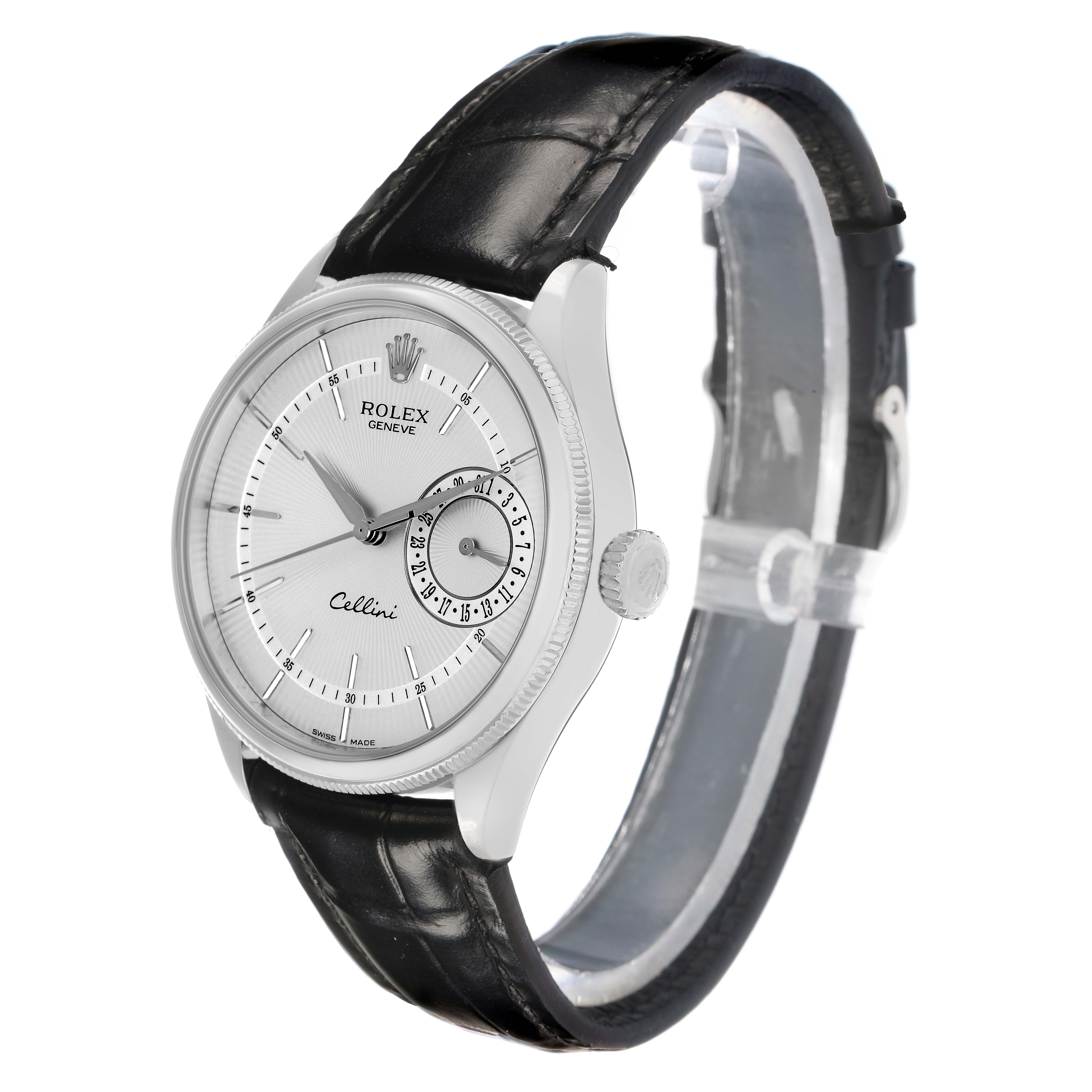The Rolex Cellini 50519 Men
s White Gold Silver Dial watch is shown at a three-quarter angle, displaying the dial, case, and leather strap.