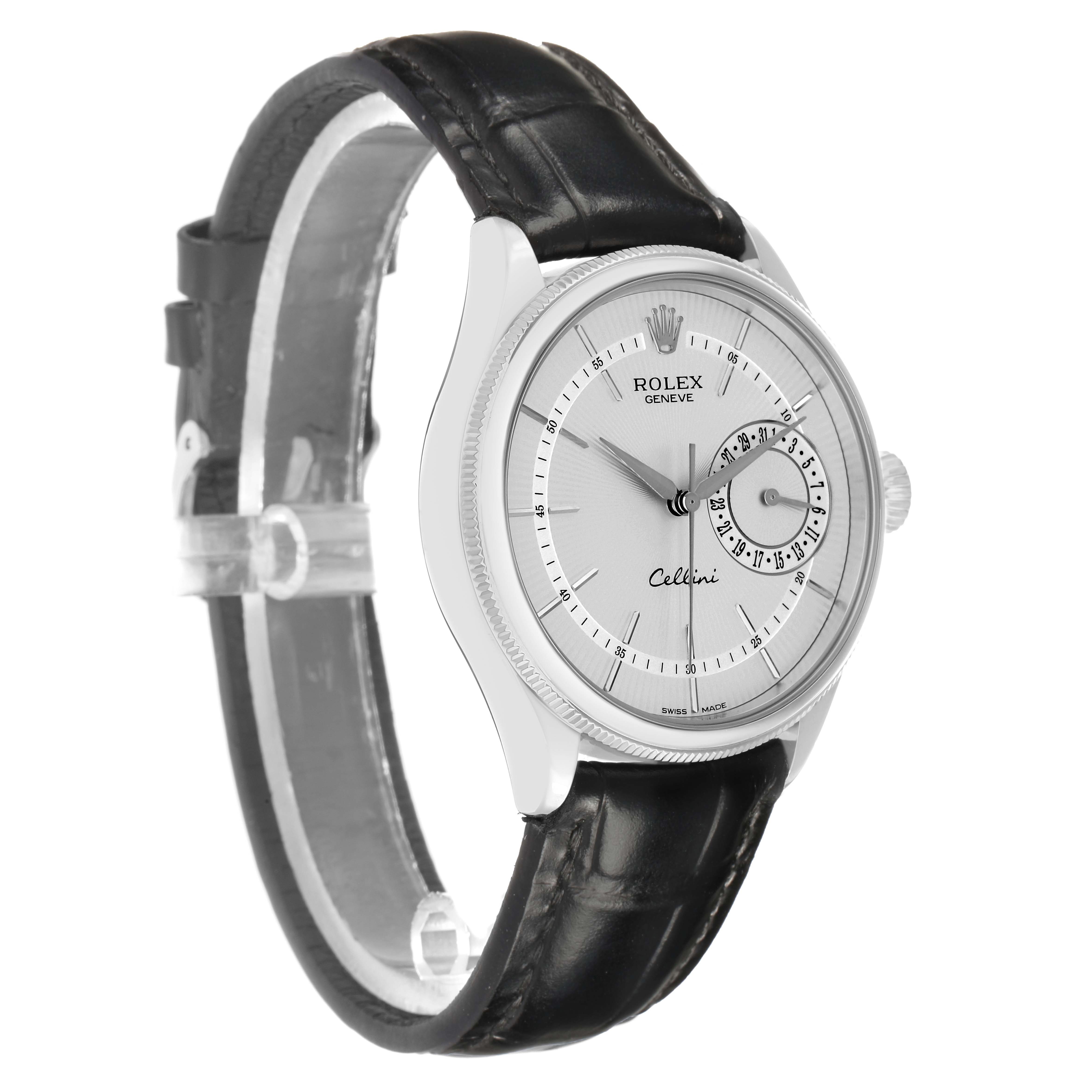 The Rolex Cellini 50519 Men
s White Gold Silver Dial watch is shown at a front-left angle, displaying the dial, bezel, crown, and leather strap.