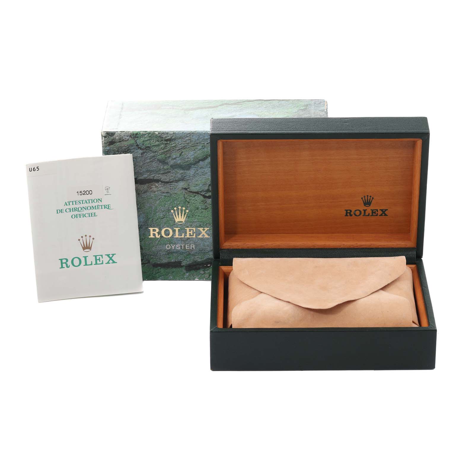 The image shows the packaging, box, and manual of a Rolex Date 15200 Men
s Stainless Steel Black Dial 15200 Men
s Stainless Steel Black Dial model, viewed from the front.