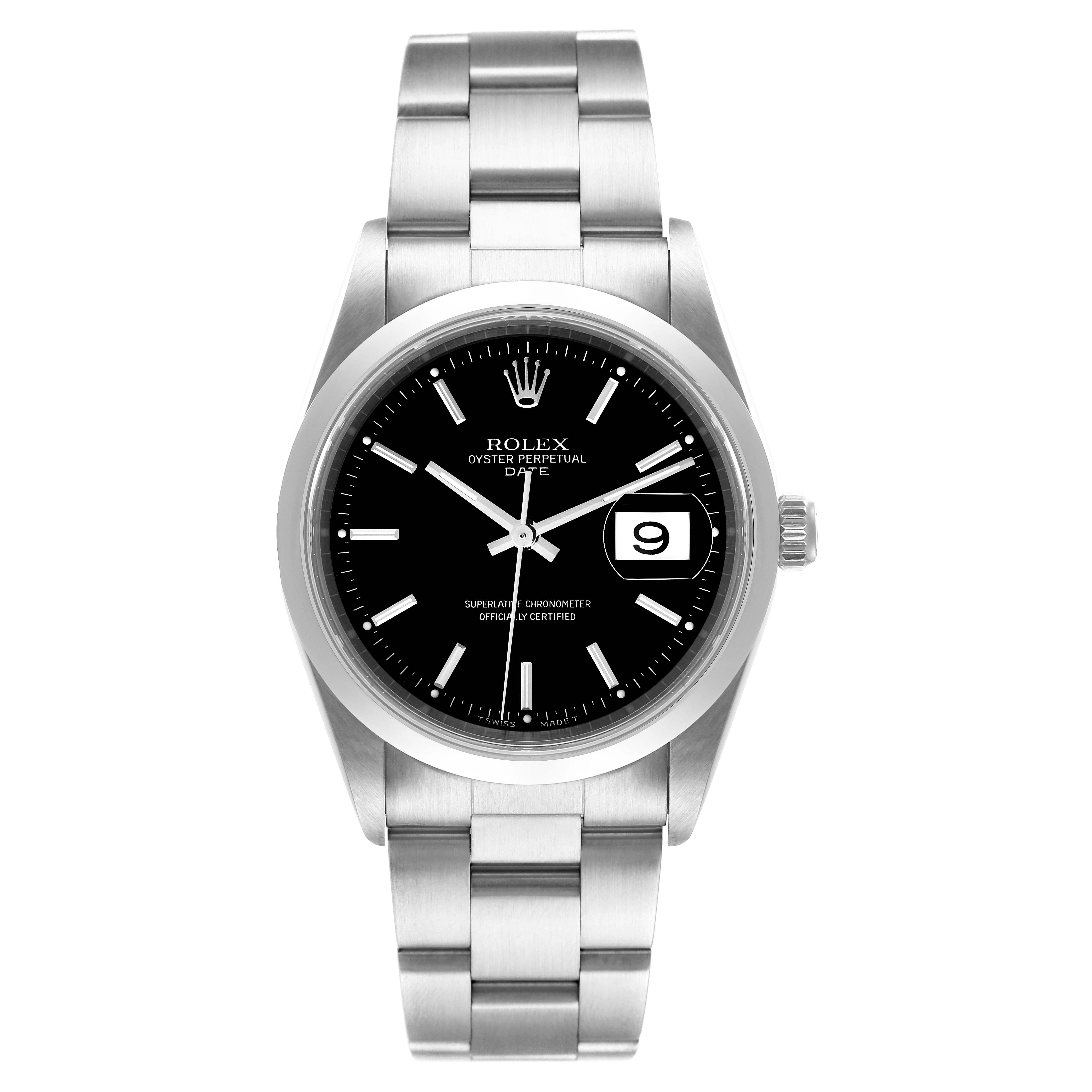 The image shows a front view of a Rolex Oyster Perpetual Date watch, including the dial, bracelet, and crown.