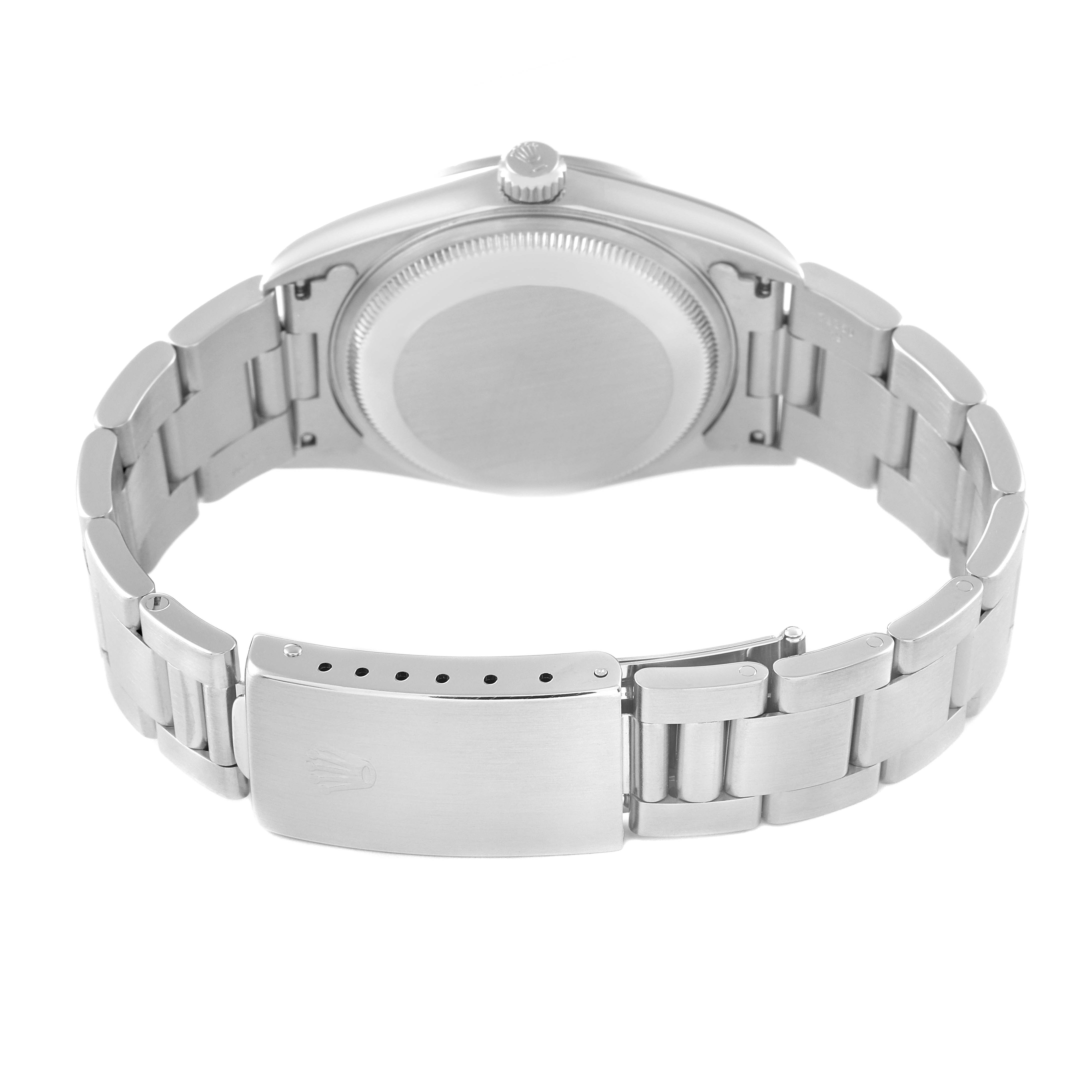 This image shows the back view of a Rolex Date 15200 Men
s Stainless Steel Black Dial 15200 Men
s Stainless Steel Black Dial model watch, highlighting its bracelet and clasp.