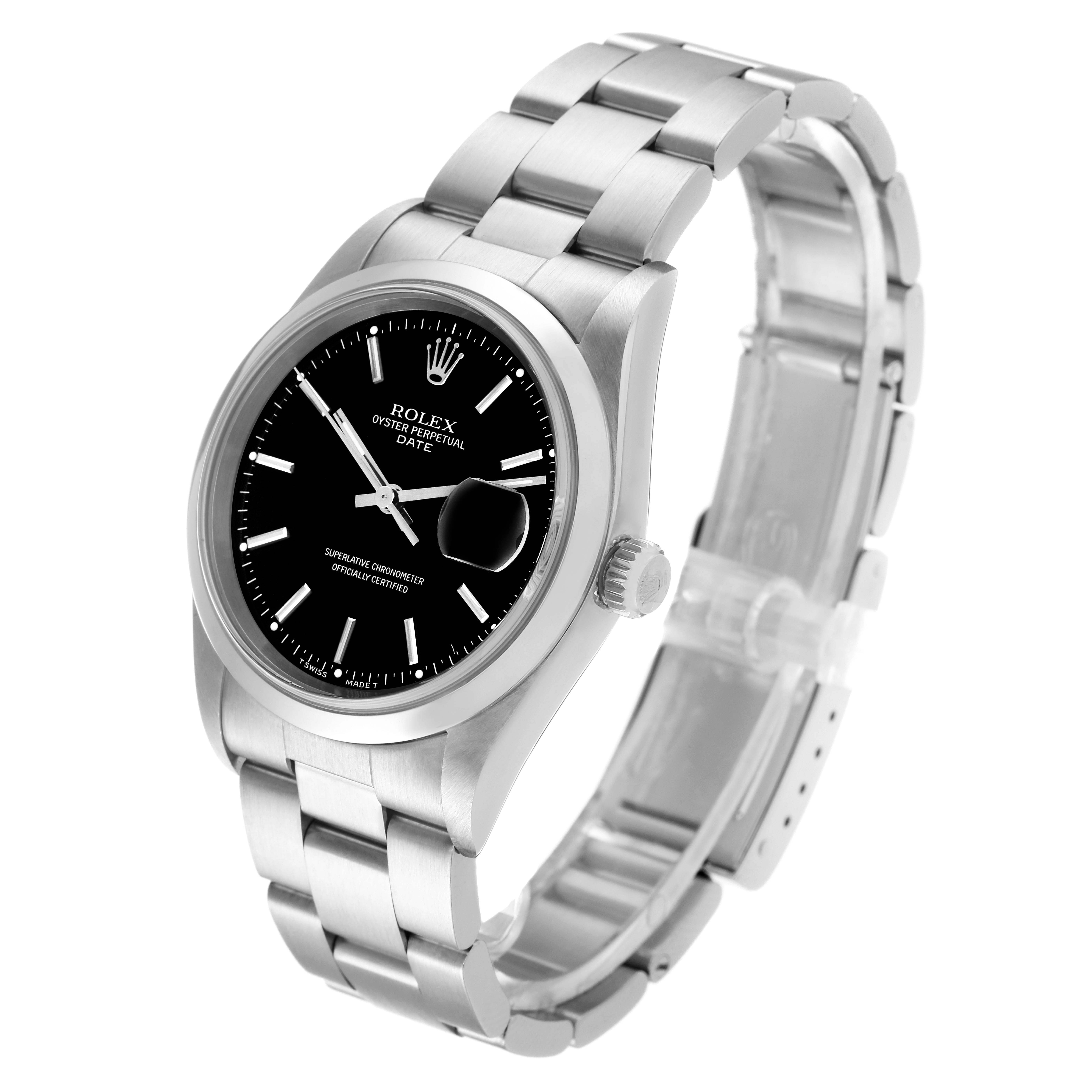 The image shows a Rolex Date 15200 Men
s Stainless Steel Black Dial 15200 Men
s Stainless Steel Black Dial model watch at a slight angle, showcasing the dial, bezel, crown, and part of the bracelet.