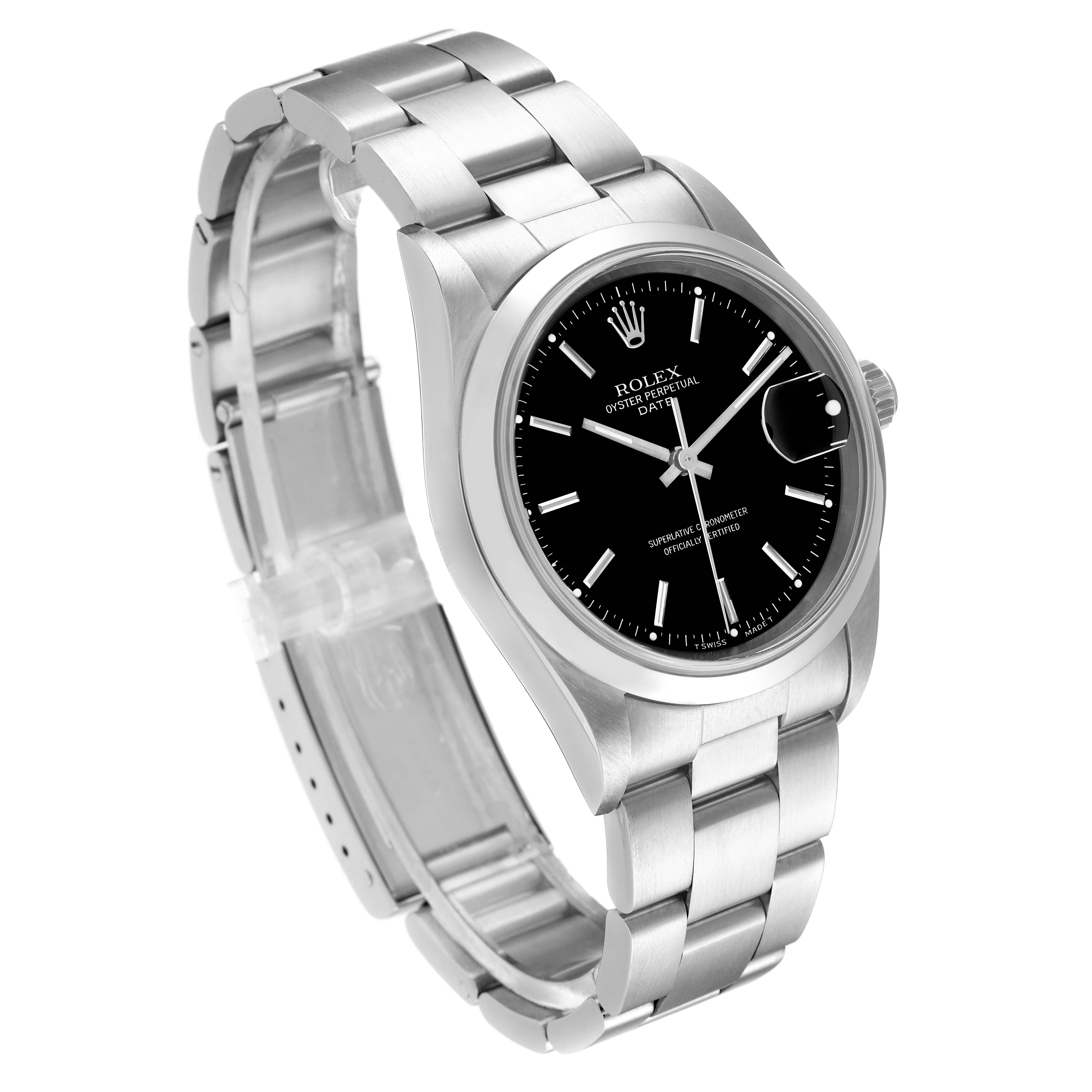 The Rolex Date 15200 Men
s Stainless Steel Black Dial 15200 Men
s Stainless Steel Black Dial model watch is shown at a three-quarter angle, featuring the bracelet, black dial, and partially opened clasp.