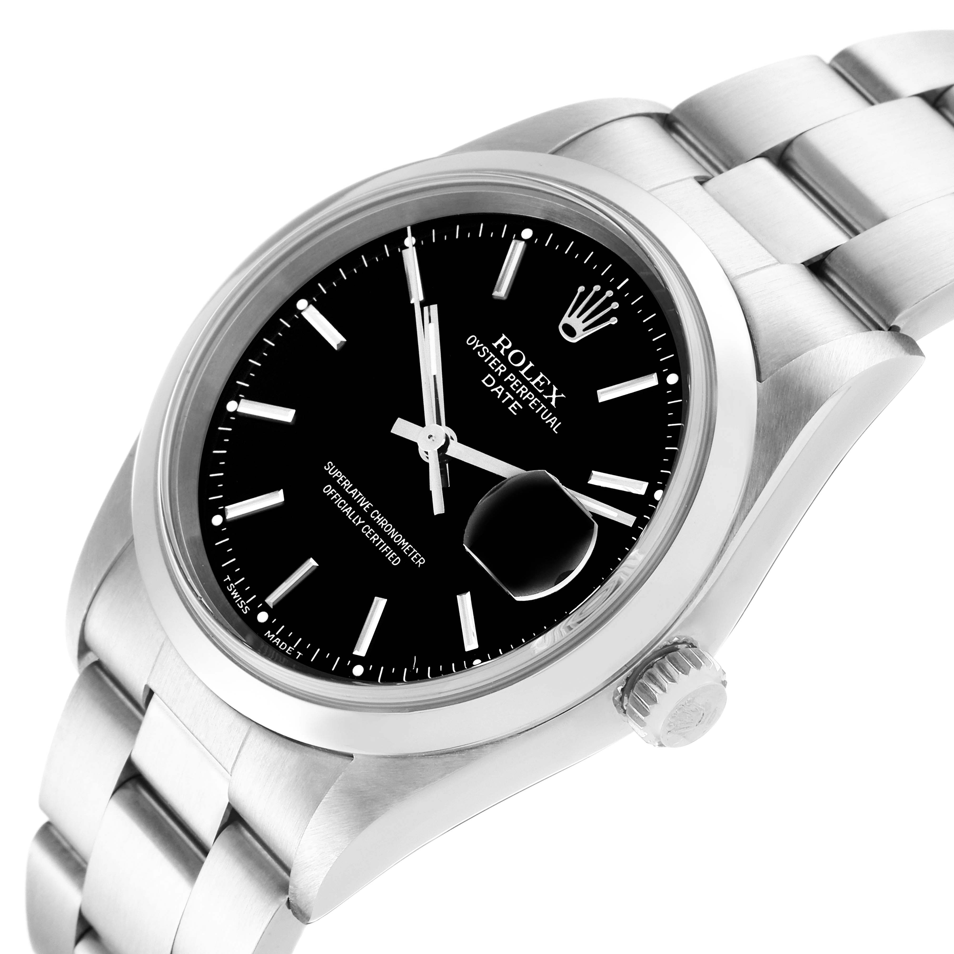 The image shows a close-up angled view of the Rolex Date 15200 Men
s Stainless Steel Black Dial 15200 Men
s Stainless Steel Black Dial model watch, highlighting the dial, case, and stainless steel bracelet.