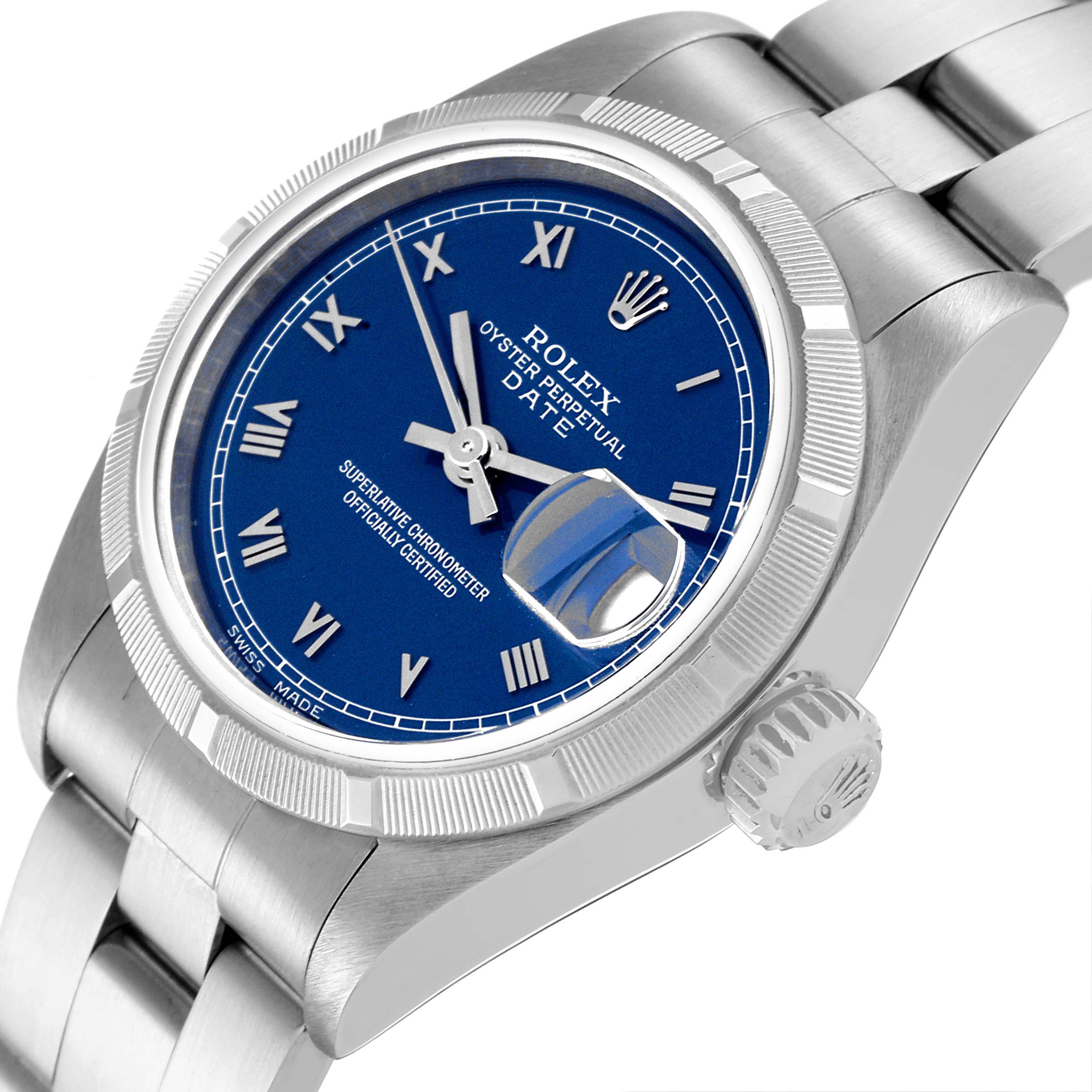 This image shows a Rolex Date 69190 Women's Stainless Steel Blue Dial 69190 Women's Stainless Steel Blue Dial model watch at an angled close-up, displaying its dial, bezel, crown, and part of the bracelet.