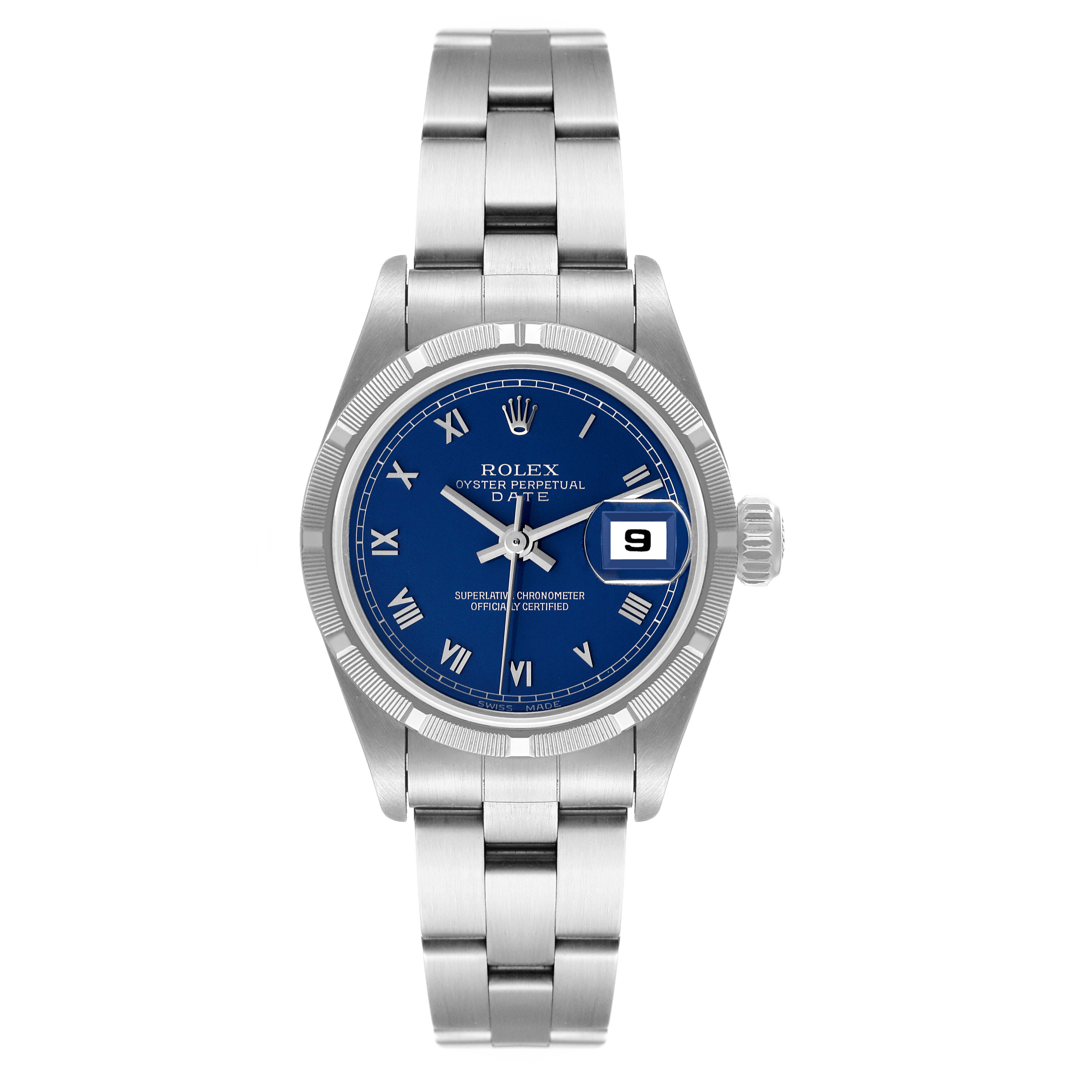 This image shows a Rolex Date 69190 Women's Stainless Steel Blue Dial 69190 Women's Stainless Steel Blue Dial model watch from a front angle, featuring its blue dial, Roman numerals, and metal bracelet.