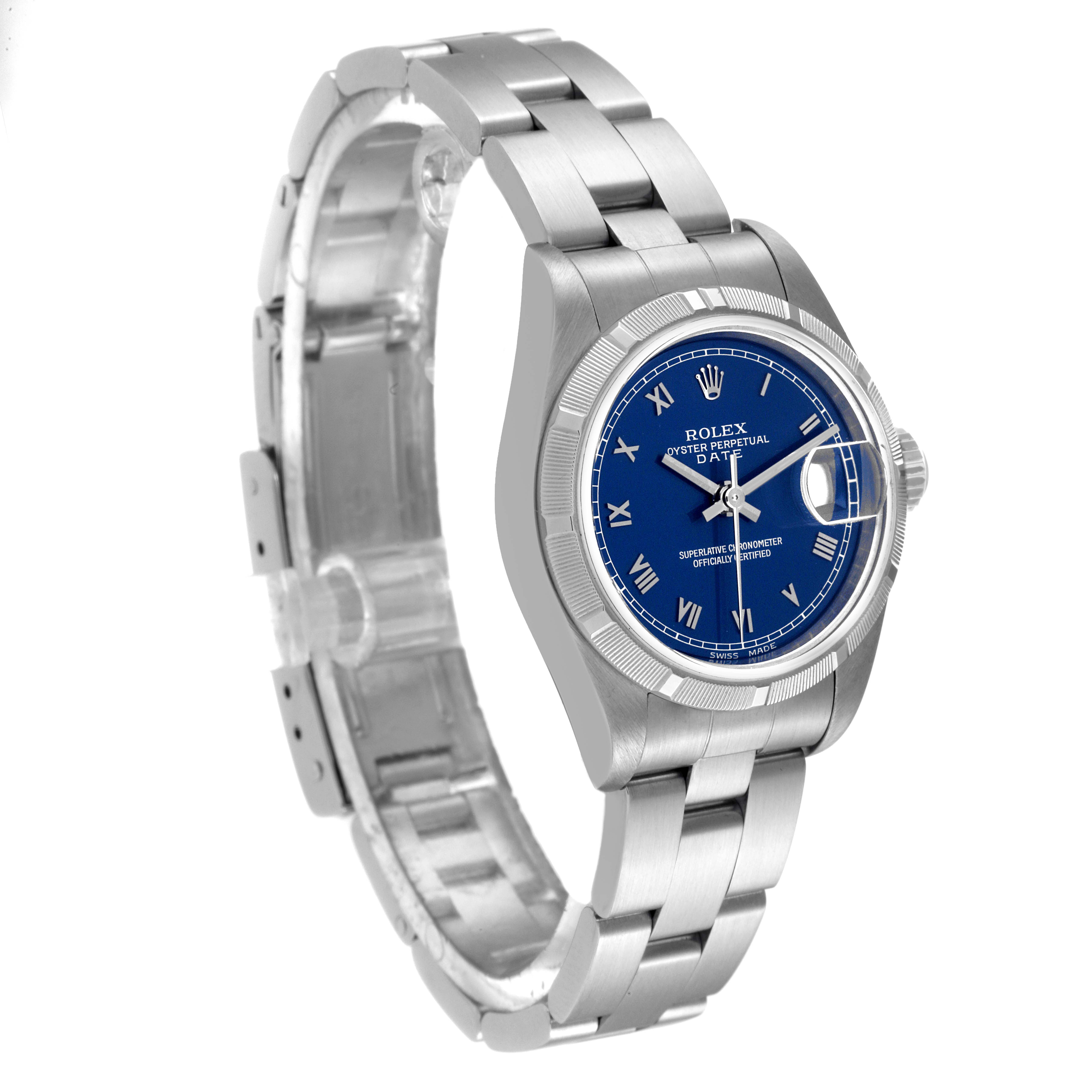 This image shows a Rolex Date 69190 Women's Stainless Steel Blue Dial 69190 Women's Stainless Steel Blue Dial model watch with a blue dial and silver bracelet, at an angled side-front view.