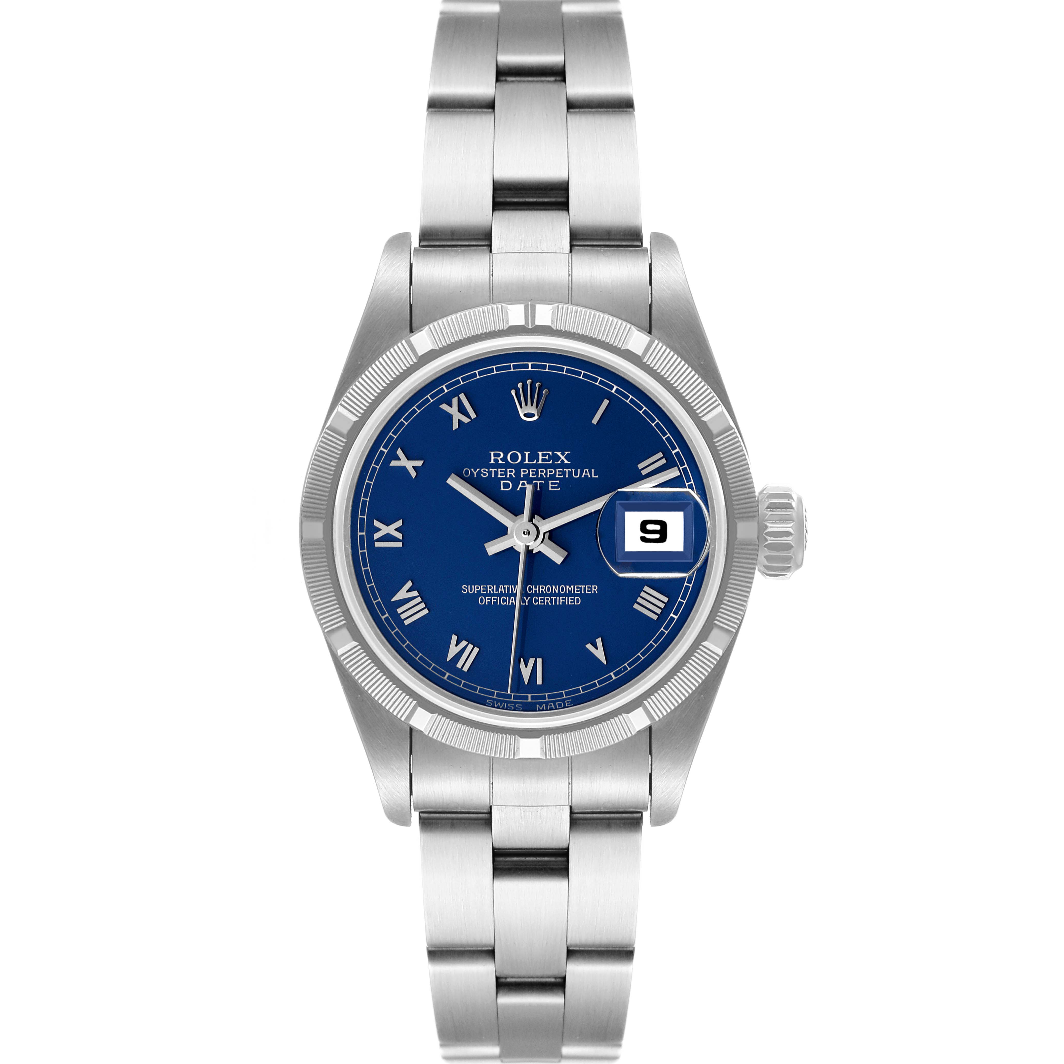 This image shows a front view of a Rolex Date 69190 Women's Stainless Steel Blue Dial 69190 Women's Stainless Steel Blue Dial model watch, highlighting the blue dial, date window, and stainless steel bracelet.
