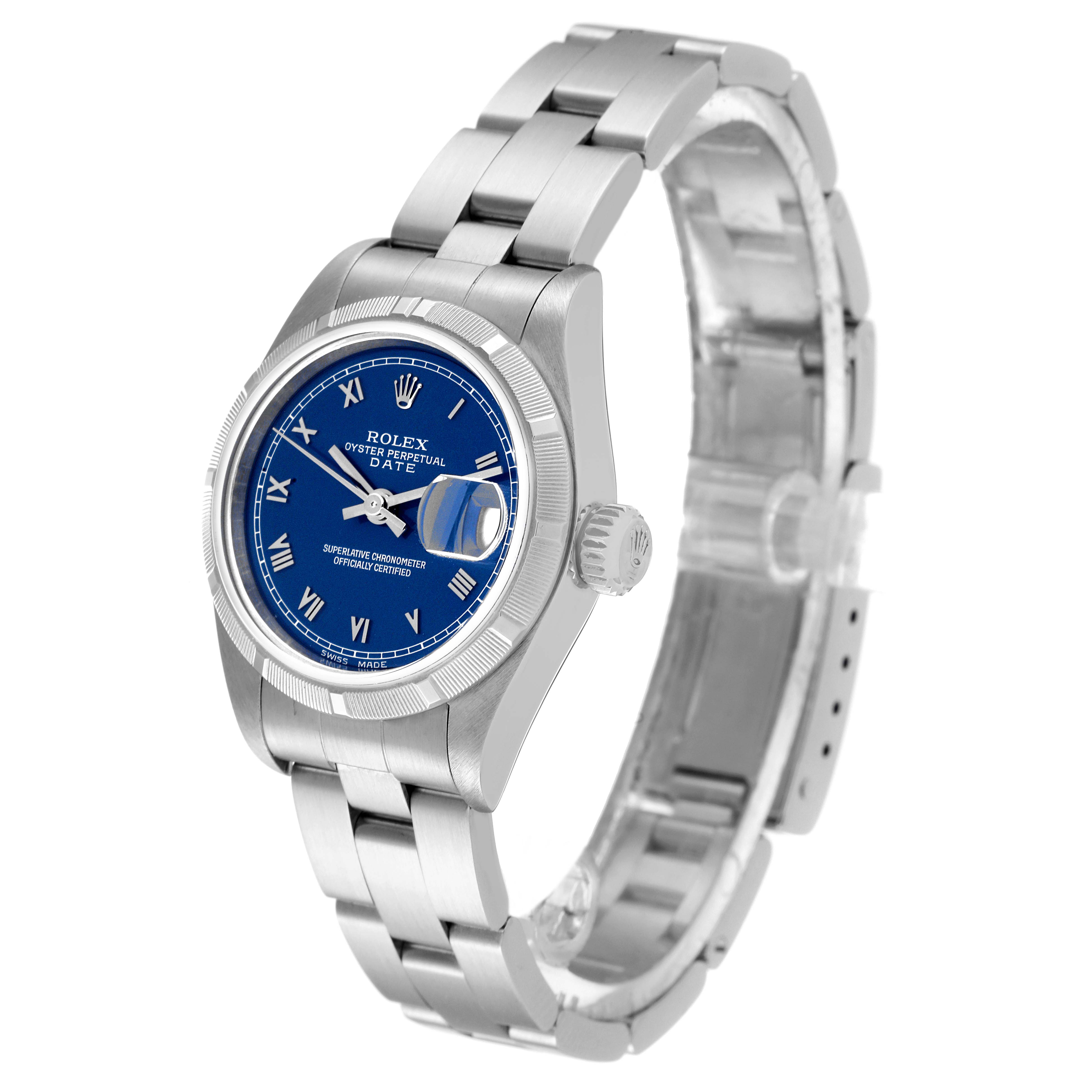 The Rolex Date 69190 Women's Stainless Steel Blue Dial 69190 Women's Stainless Steel Blue Dial model watch is shown from a slight angle, displaying its blue dial, date window, and stainless steel bracelet.