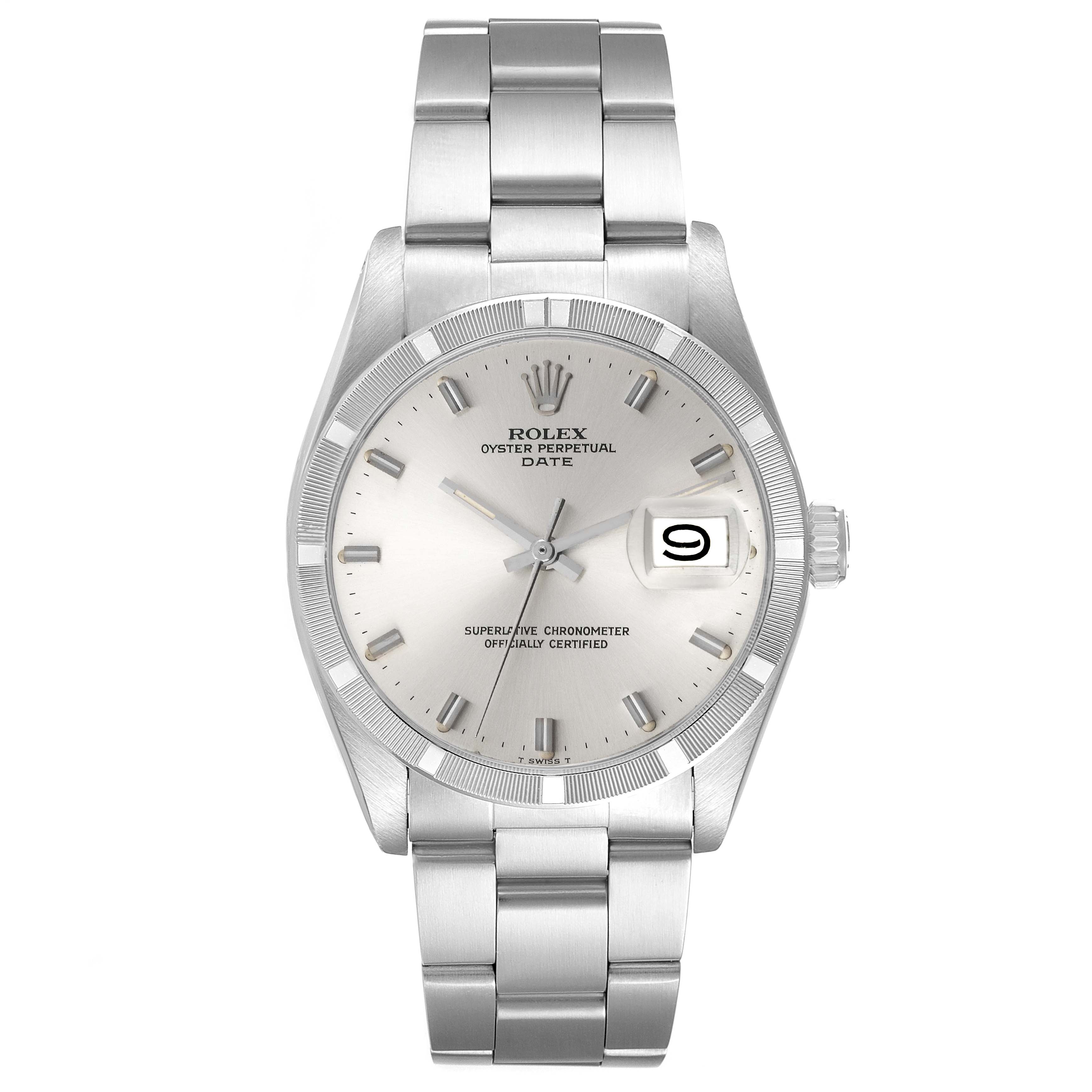 The image shows a front view of the Rolex Vintage Collection 1501 Men
s Stainless Steel Silver Dial 1501 Men
s Stainless Steel Silver Dial watch, highlighting its dial, bracelet, and date display.