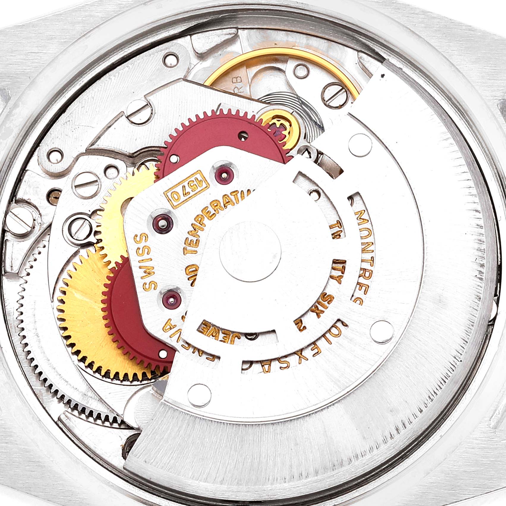 The image shows a close-up view of the internal mechanics of a Rolex Vintage Collection 1501 Men
s Stainless Steel Silver Dial 1501 Men
s Stainless Steel Silver Dial watch.