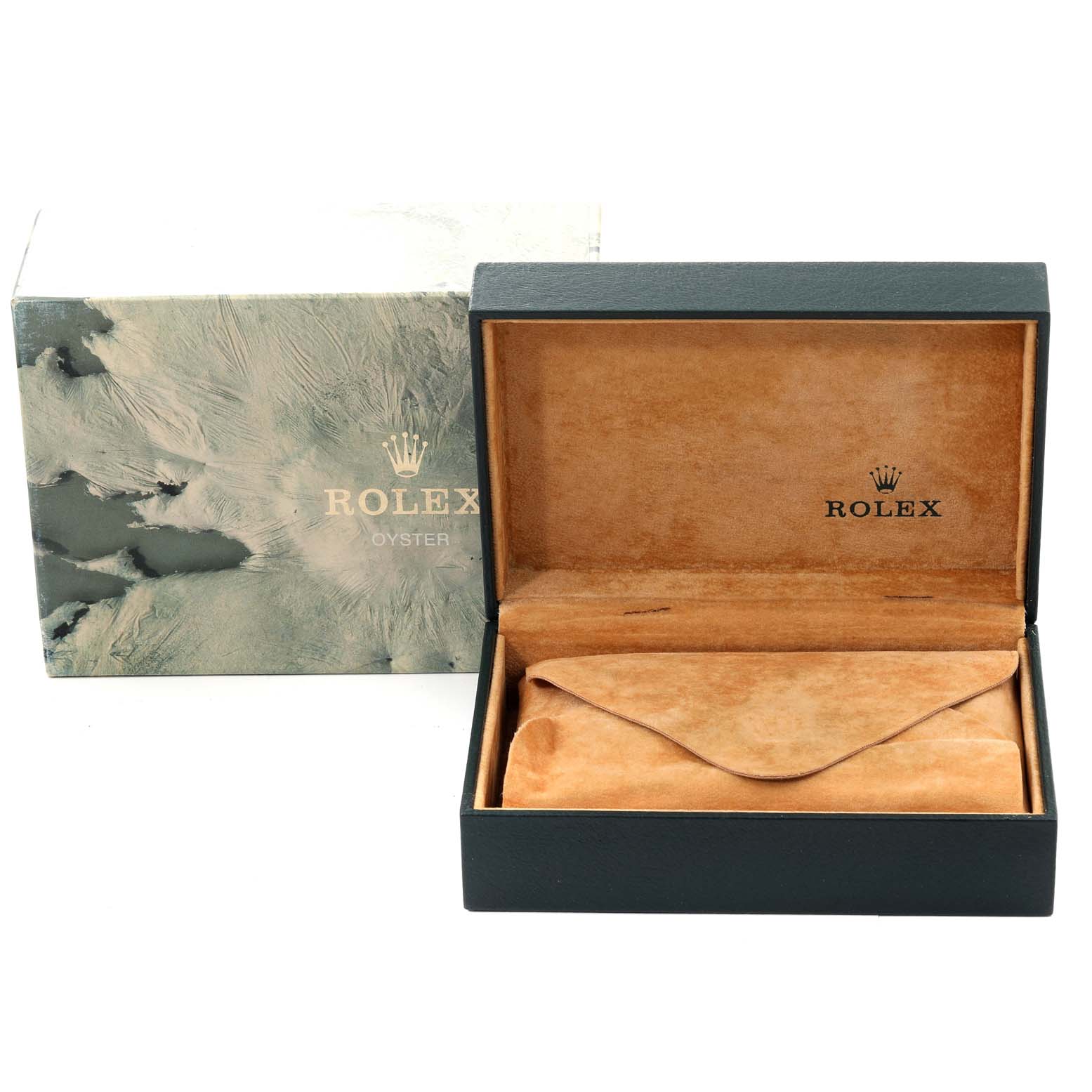 The image shows a Rolex Vintage Collection 1501 Men
s Stainless Steel Silver Dial 1501 Men
s Stainless Steel Silver Dial watch box and protective case holder, with the lid open to display the interior.