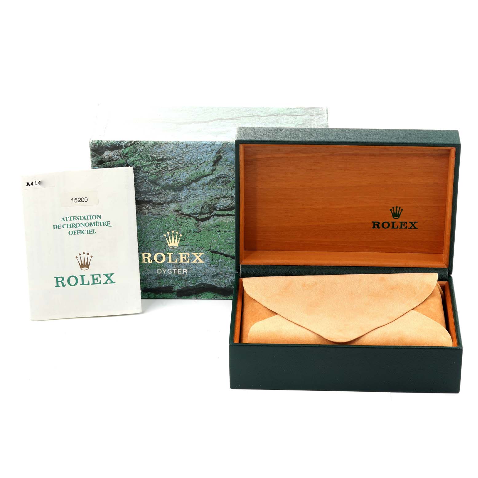 The image shows the box, certificate, and packaging for a Rolex Date 15200 Men
s Stainless Steel White Dial 15200 Men
s Stainless Steel White Dial model watch.