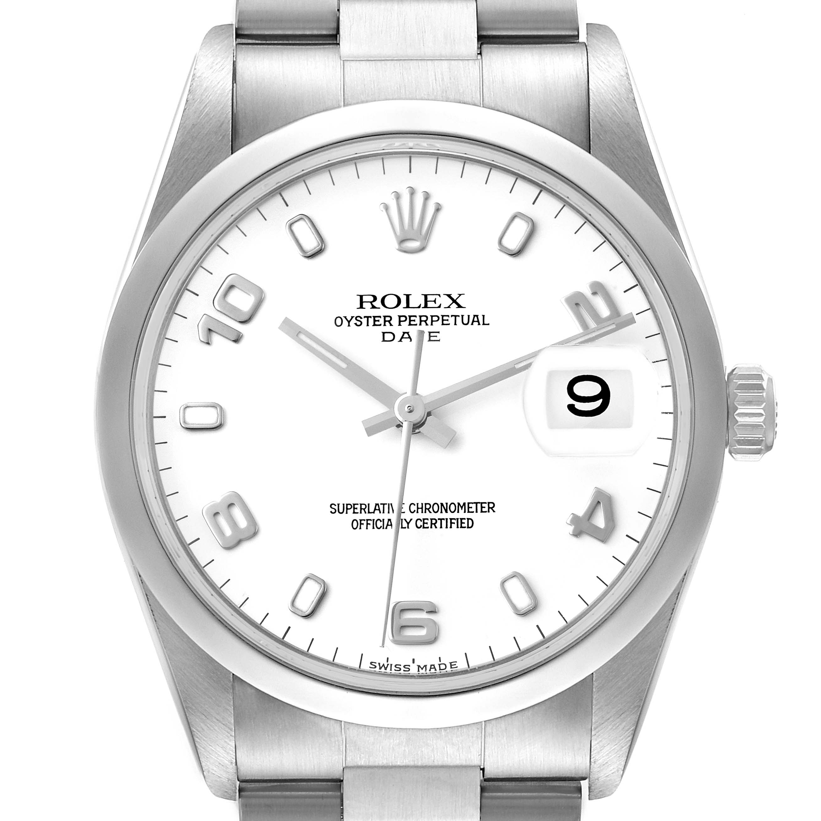 This is a front view of the Rolex Oyster Perpetual Date, showing the dial, bezel, crown, and part of the bracelet.