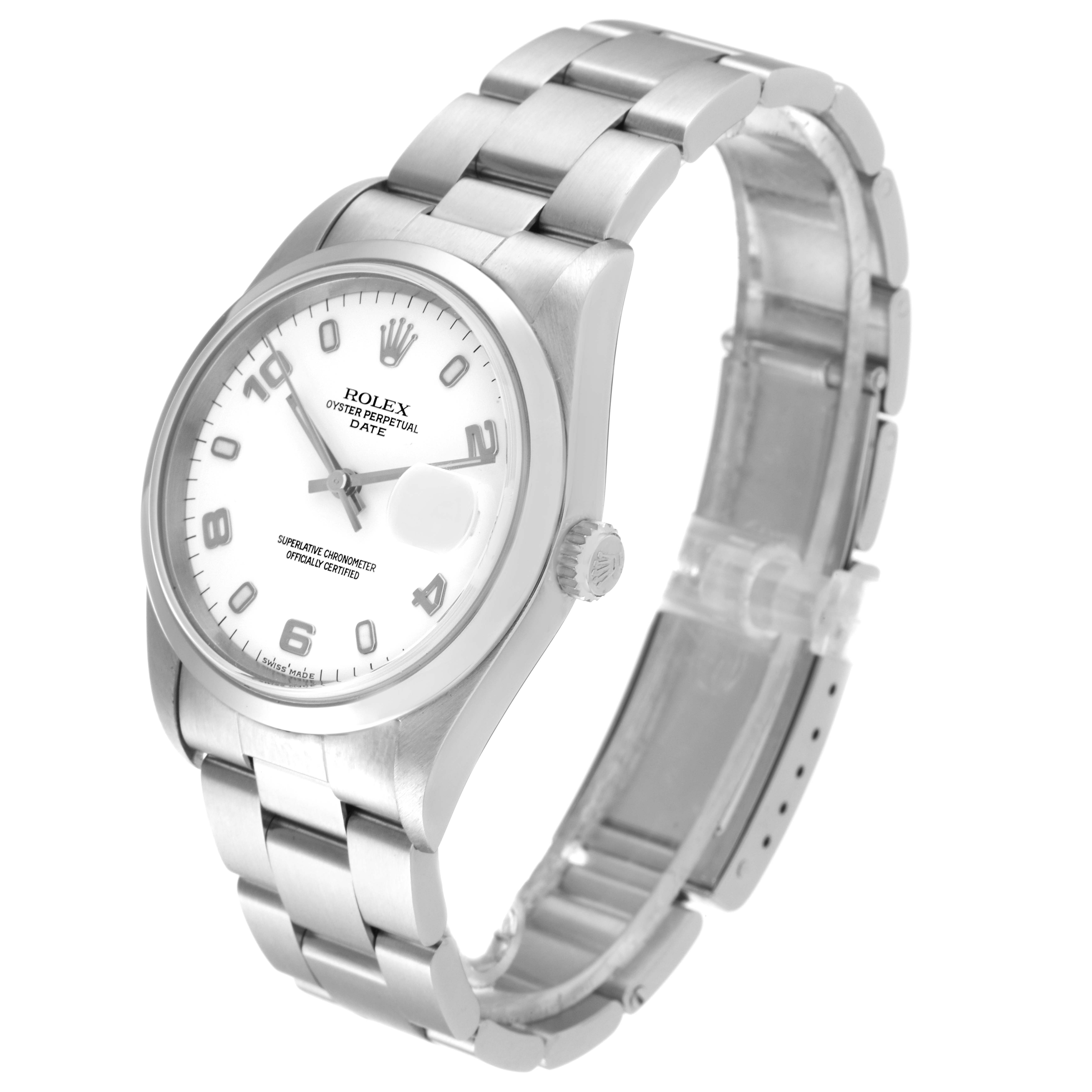 The image shows a Rolex Date 15200 Men
s Stainless Steel White Dial 15200 Men
s Stainless Steel White Dial model watch at a three-quarter angle, highlighting the dial, bracelet, and crown.