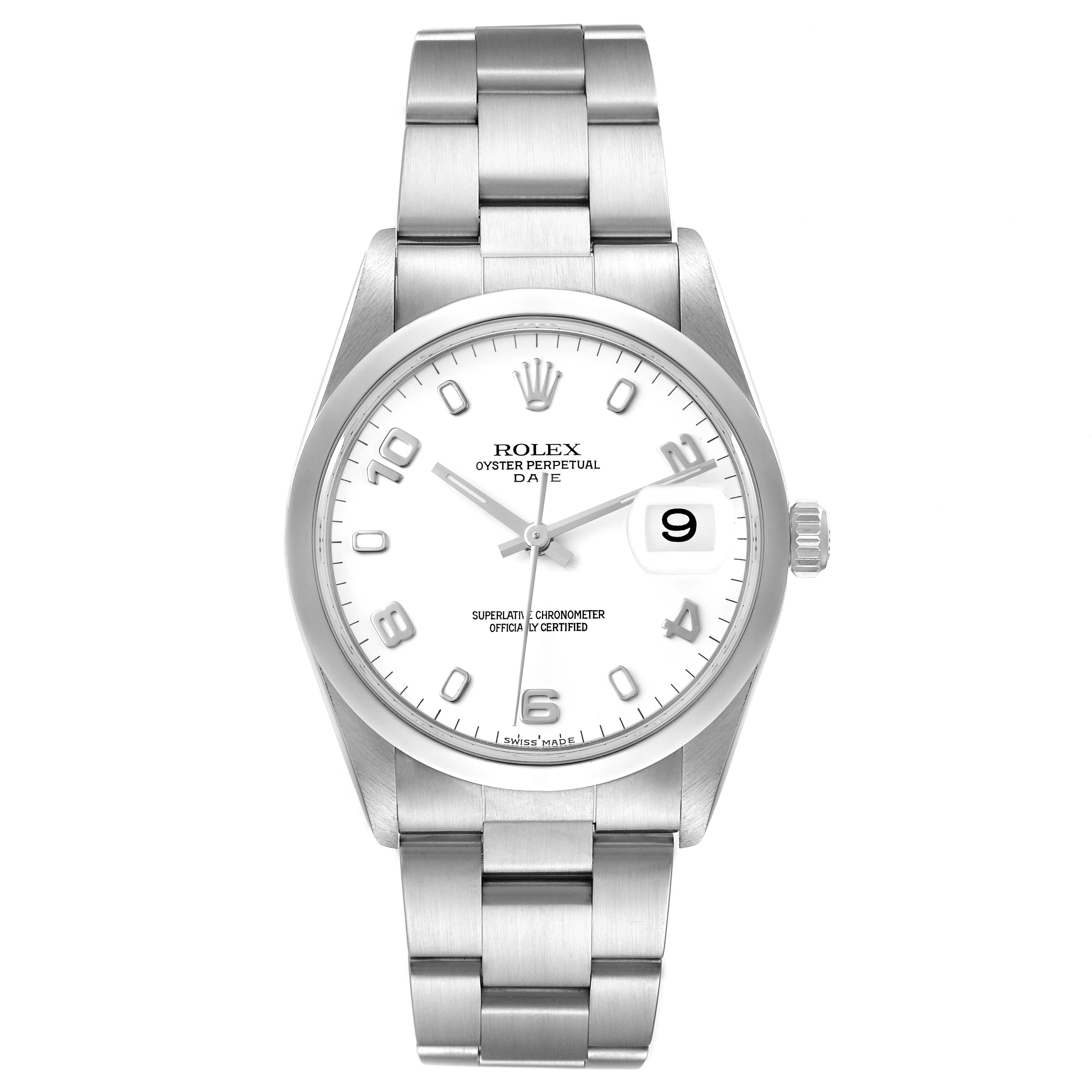 This image shows a front view of the Rolex Date 15200 Men
s Stainless Steel White Dial 15200 Men
s Stainless Steel White Dial model watch, highlighting the dial, bezel, bracelet, and date window.