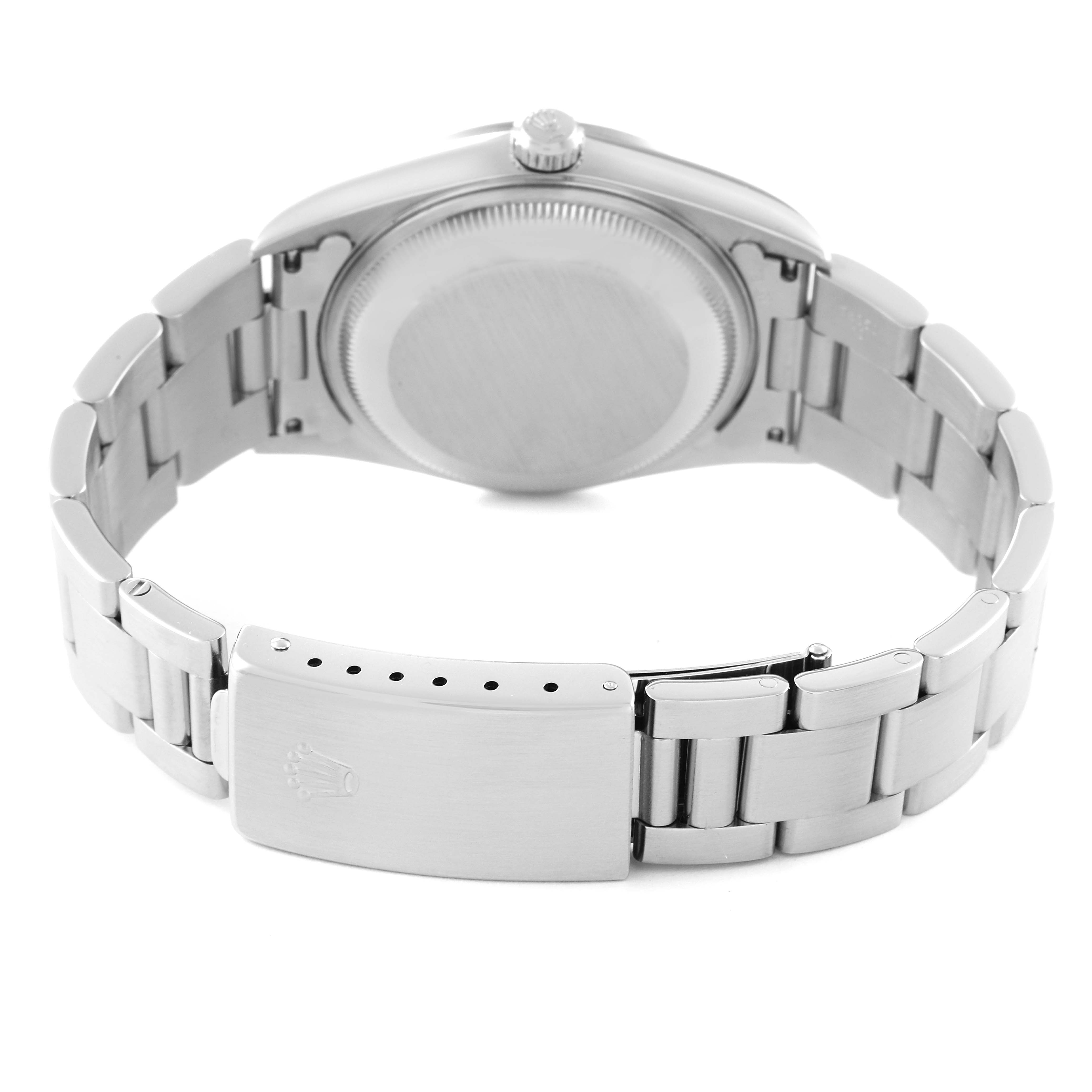 The image shows the back case and clasp of a Rolex Date 15200 Men
s Stainless Steel White Dial 15200 Men
s Stainless Steel White Dial model watch from an overhead angle.