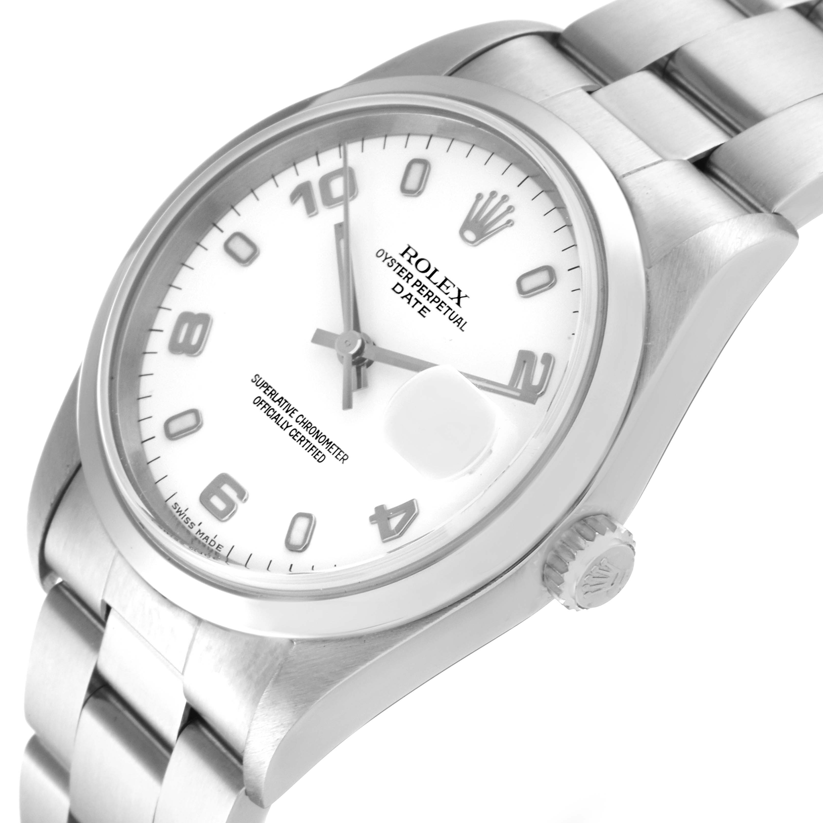 The Rolex Date 15200 Men
s Stainless Steel White Dial 15200 Men
s Stainless Steel White Dial watch is shown at an oblique angle, displaying its dial, crown, case, and part of the bracelet.