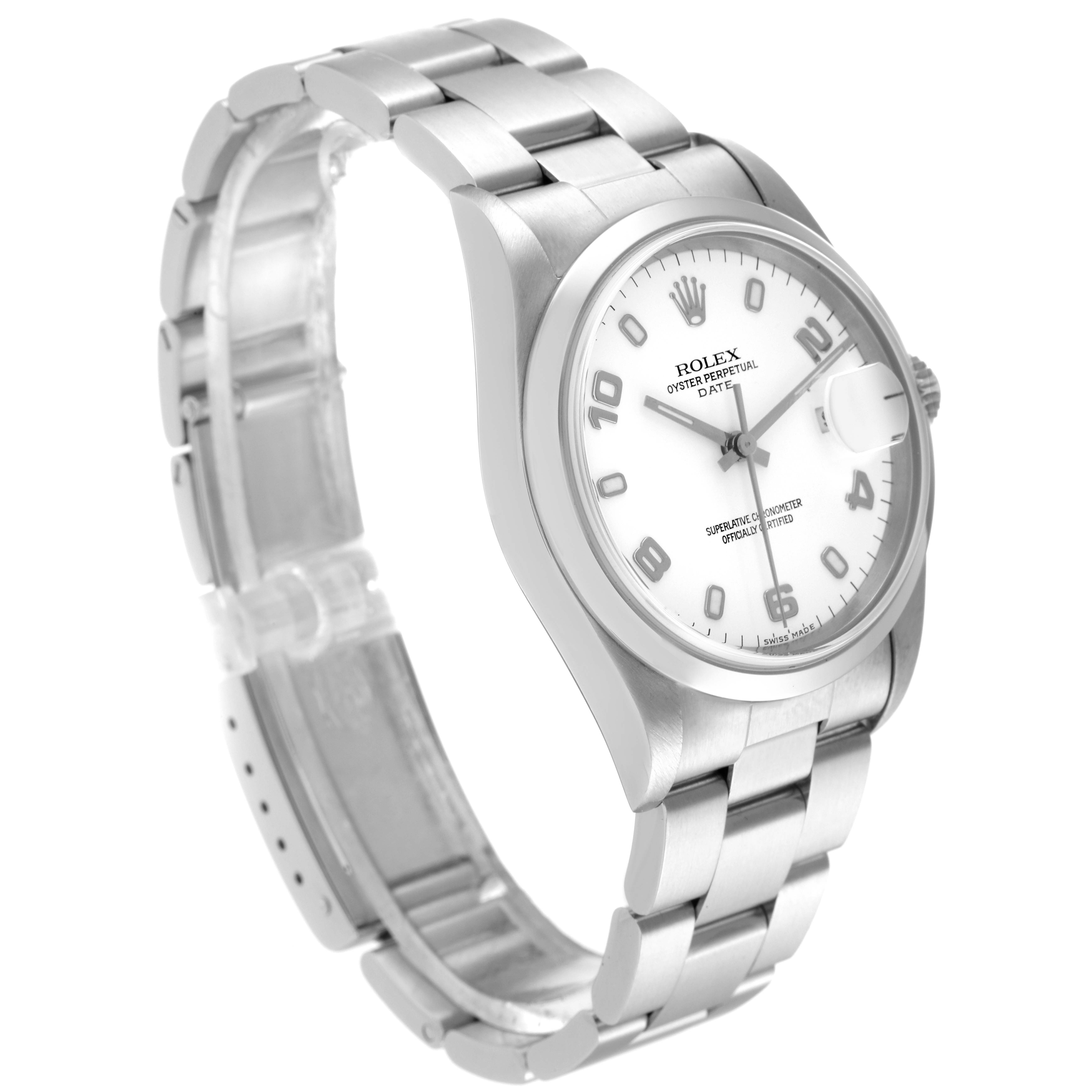 This image shows a side-angle view of a Rolex Date 15200 Men
s Stainless Steel White Dial 15200 Men
s Stainless Steel White Dial model watch, highlighting the face, bracelet, and clasp.
