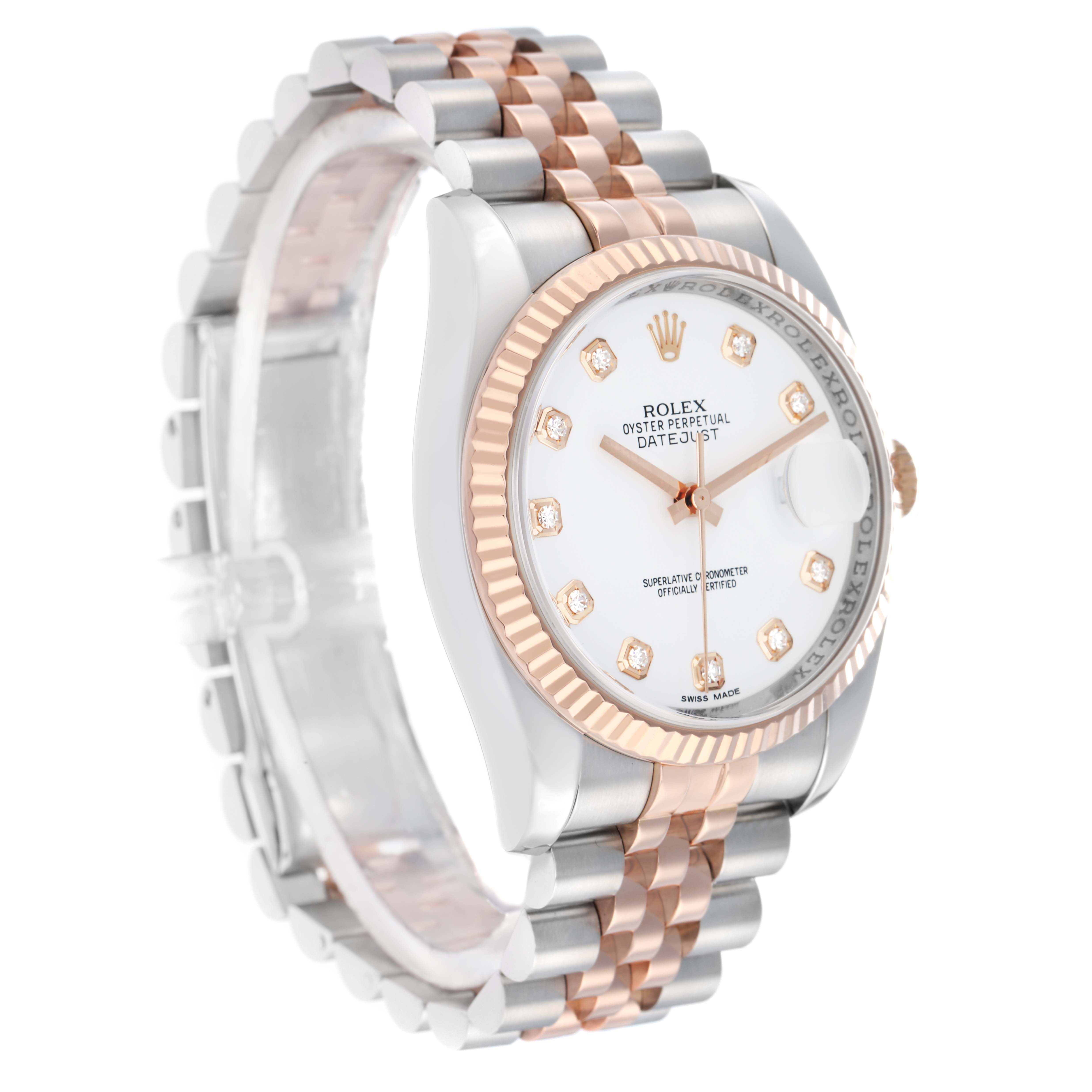 The Rolex Datejust 116231 Men
s Steel and Gold (two tone) White Dial watch is shown at a three-quarter angle, highlighting its dial, bezel, and two-tone Jubilee bracelet.