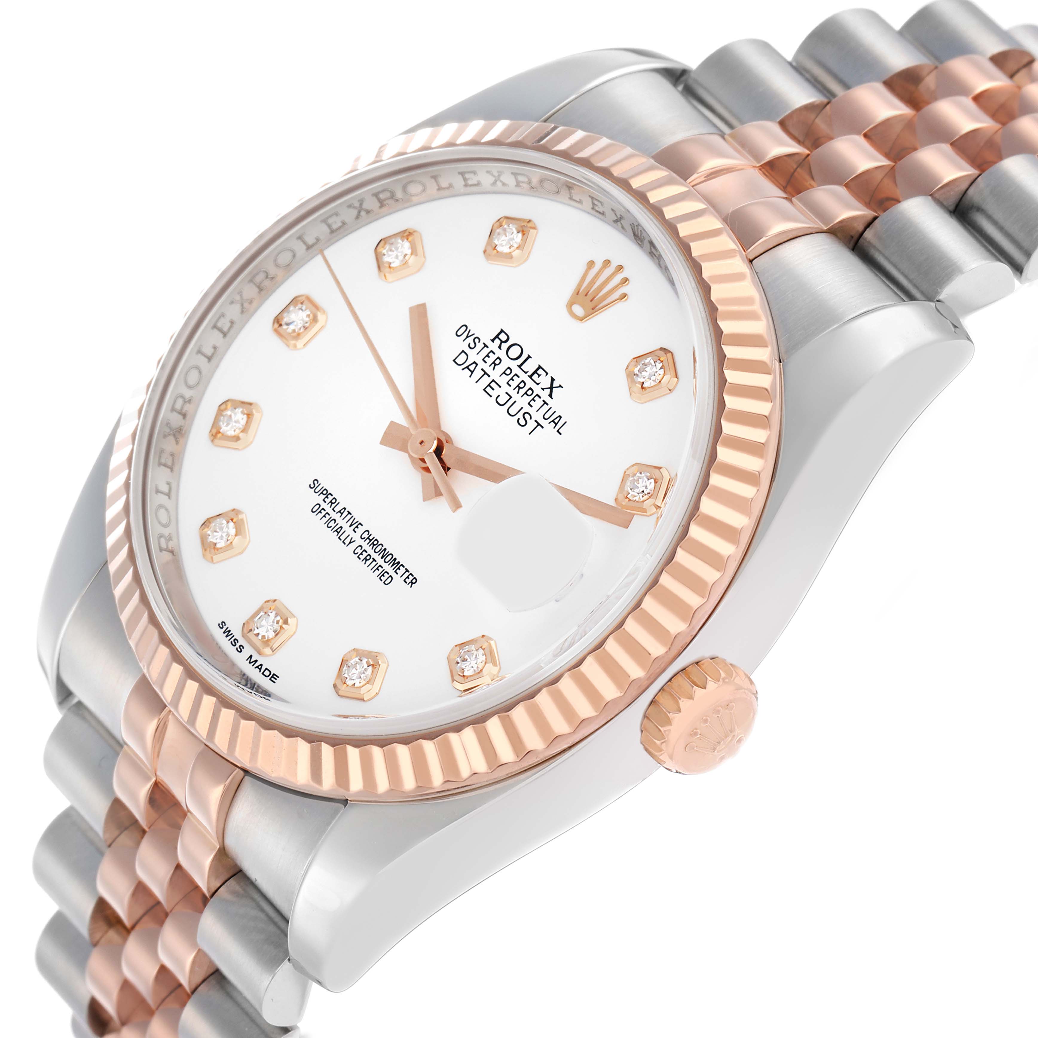 The Rolex Datejust 116231 Men
s Steel and Gold (two tone) White Dial watch is shown from a side angle, highlighting the bezel, bracelet, dial, and crown.