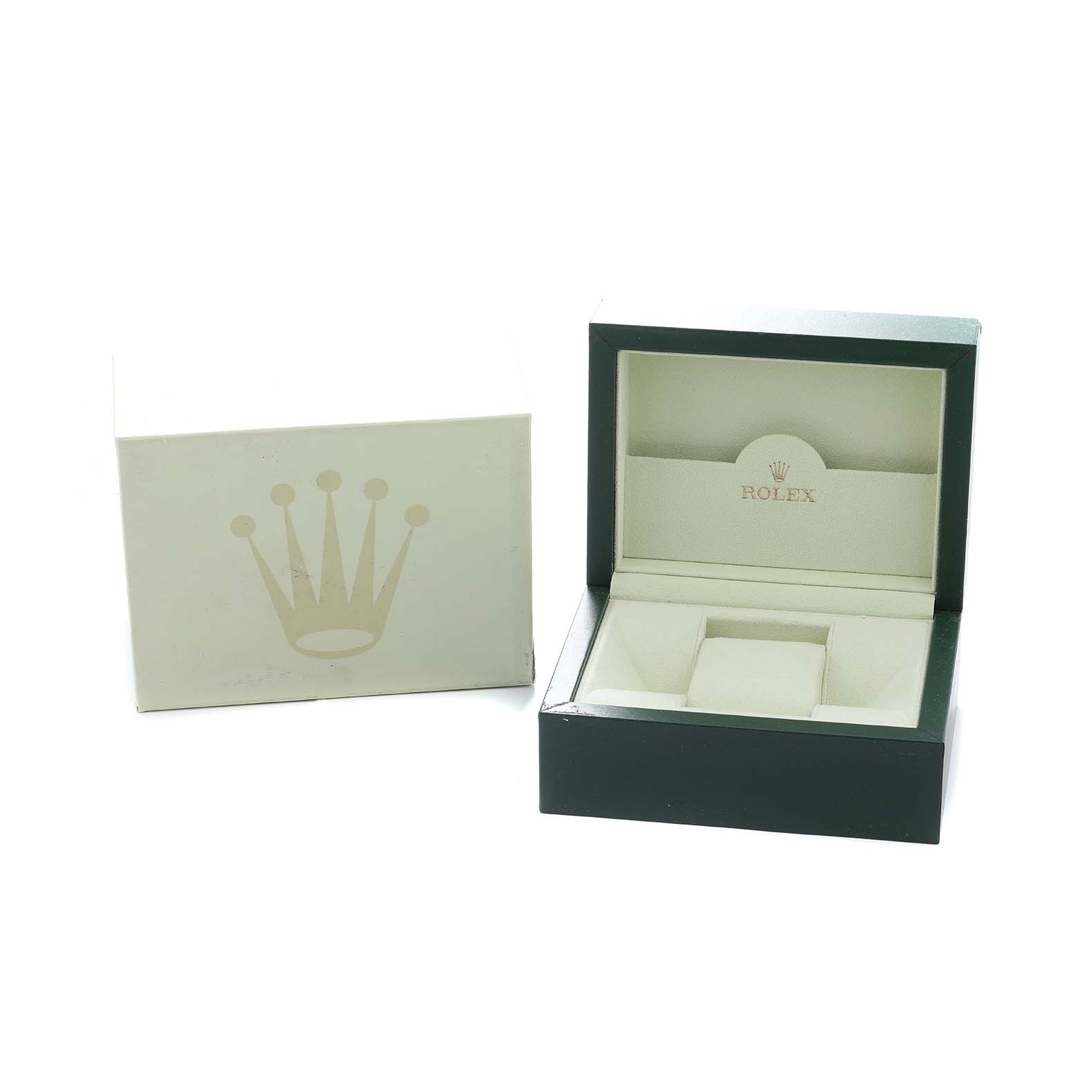 The image shows an open Rolex Datejust 116231 Men
s Steel and Gold (two tone) White Dial watch box and its protective outer box, viewed from the front.