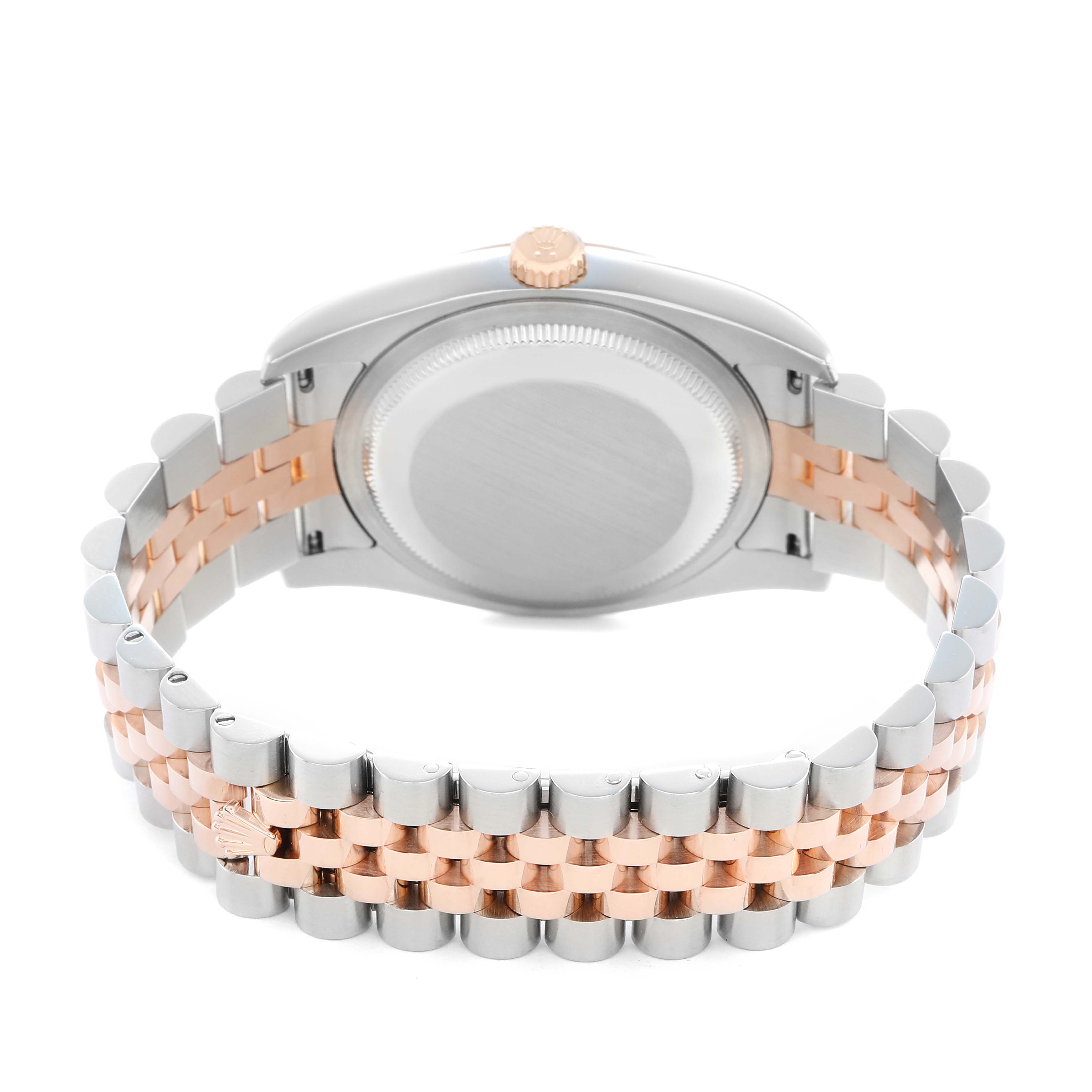 The Rolex Datejust 116231 Men
s Steel and Gold (two tone) White Dial watch is shown from the back, highlighting the case back and two-tone Jubilee bracelet.