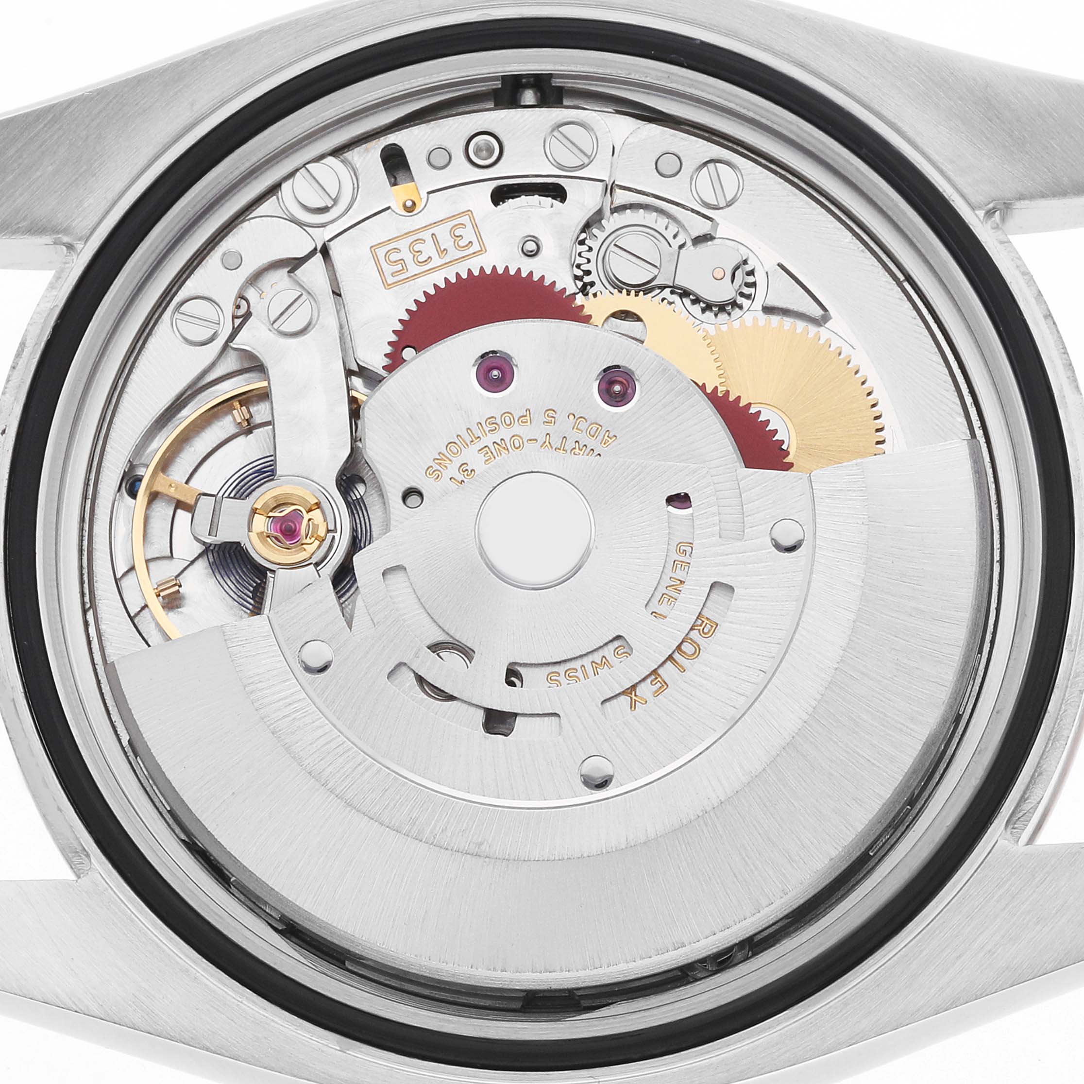 The image shows a close-up of the Rolex Datejust 116231 Men
s Steel and Gold (two tone) White Dial movement, specifically the rotor, gears, and intricate internal components.