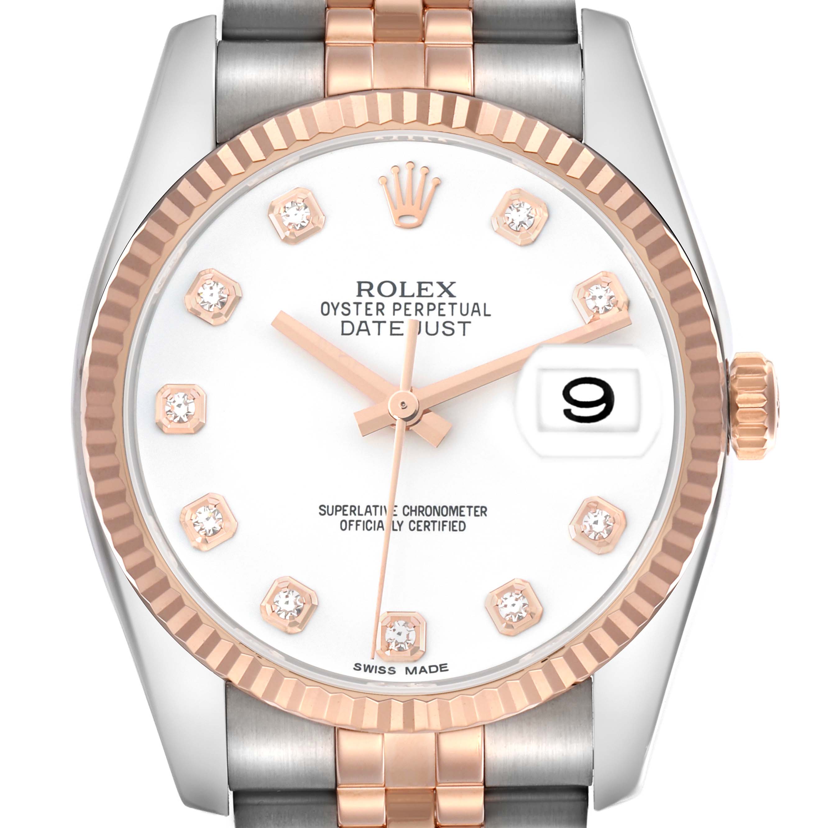 The image shows a front view of a Rolex Datejust 116231 Men
s Steel and Gold (two tone) White Dial, highlighting the dial, fluted bezel, crown, and part of the bracelet.