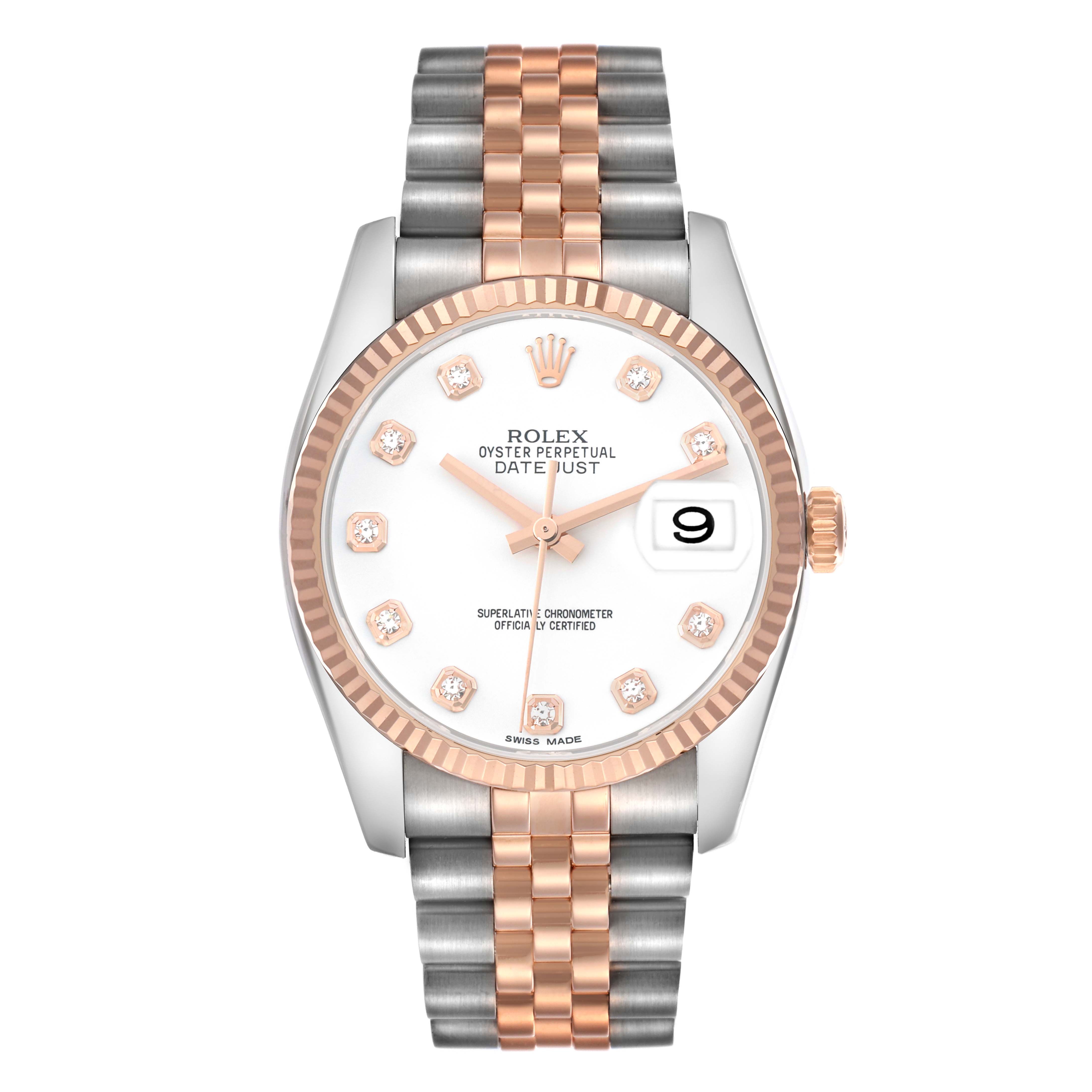 The Rolex Datejust 116231 Men
s Steel and Gold (two tone) White Dial watch is shown from a top view, highlighting the dial, bezel, crown, and two-tone jubilee bracelet.